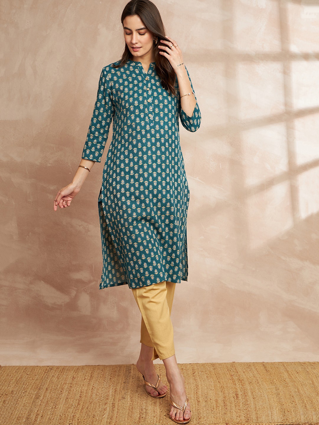 

all about you Ethnic Motifs Printed Straight Pure Cotton Kurta, Turquoise blue
