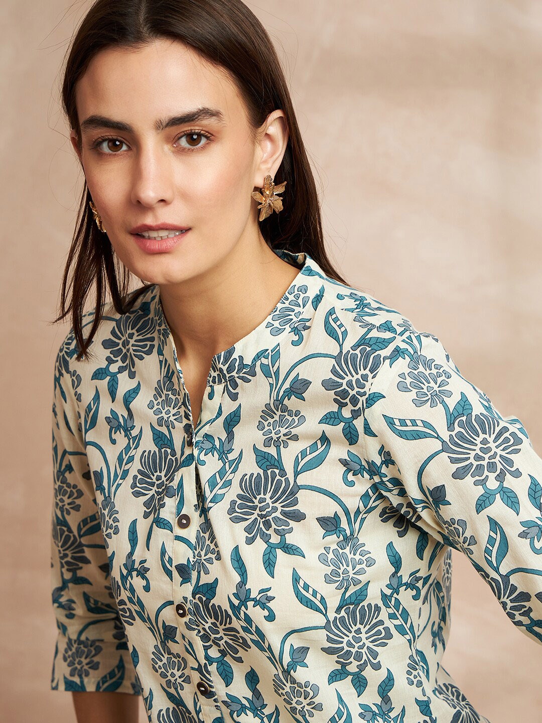 

all about you Floral Printed Straight Pure Cotton Kurta, Cream