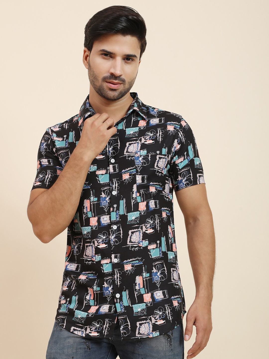 

JACKDANZA Conversational Printed Relaxed Regular Fit Opaque Casual Shirt, Black