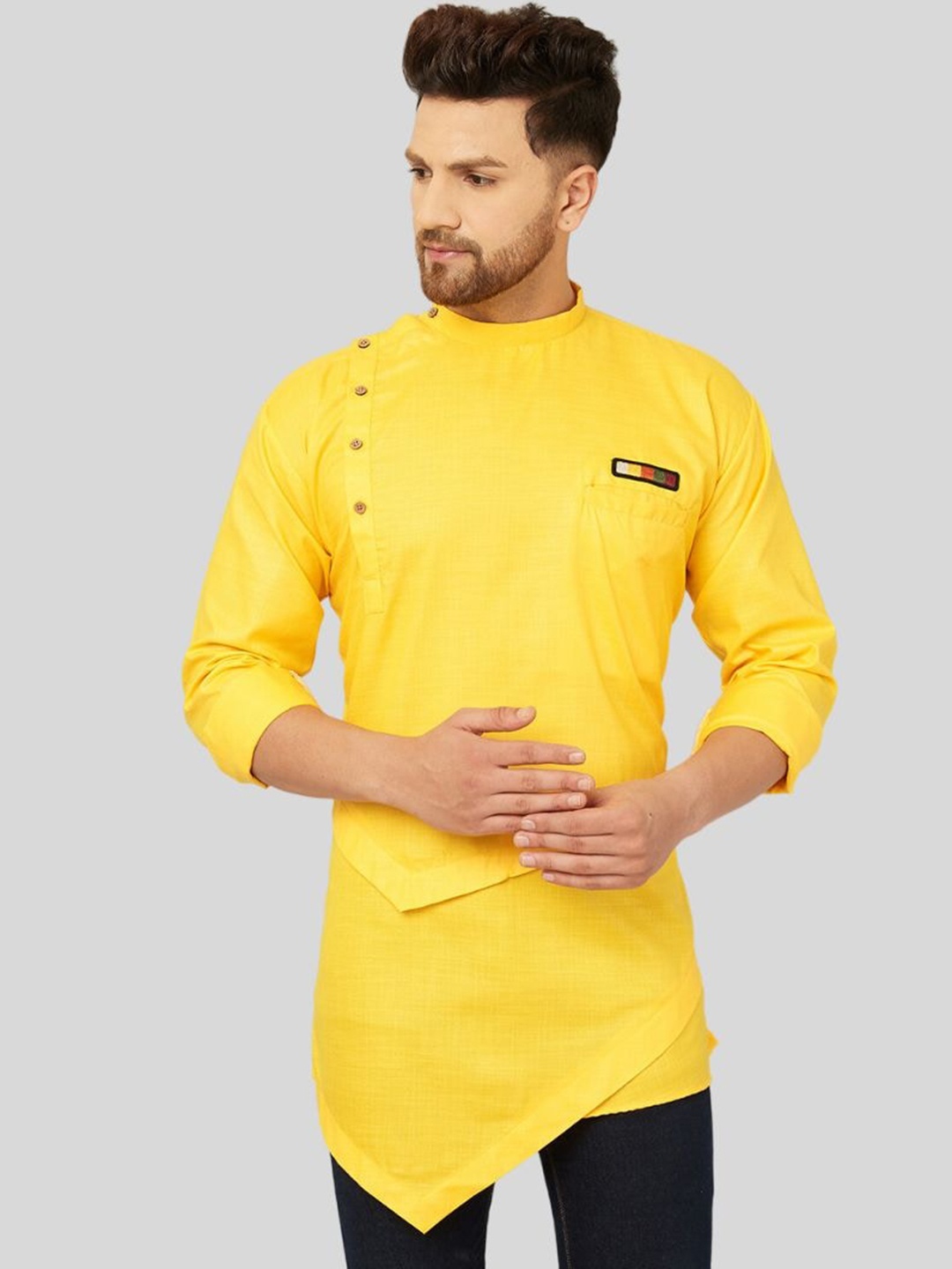 

Ben Martin Asymmetric Hem Long Sleeves Denim Kurta, Yellow