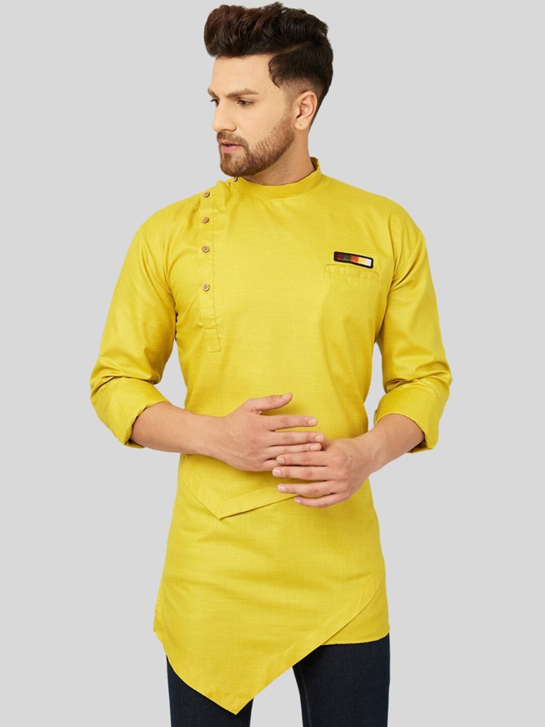 

Ben Martin Band Collar Cotton Linen Angrakha Kurta, Lime green