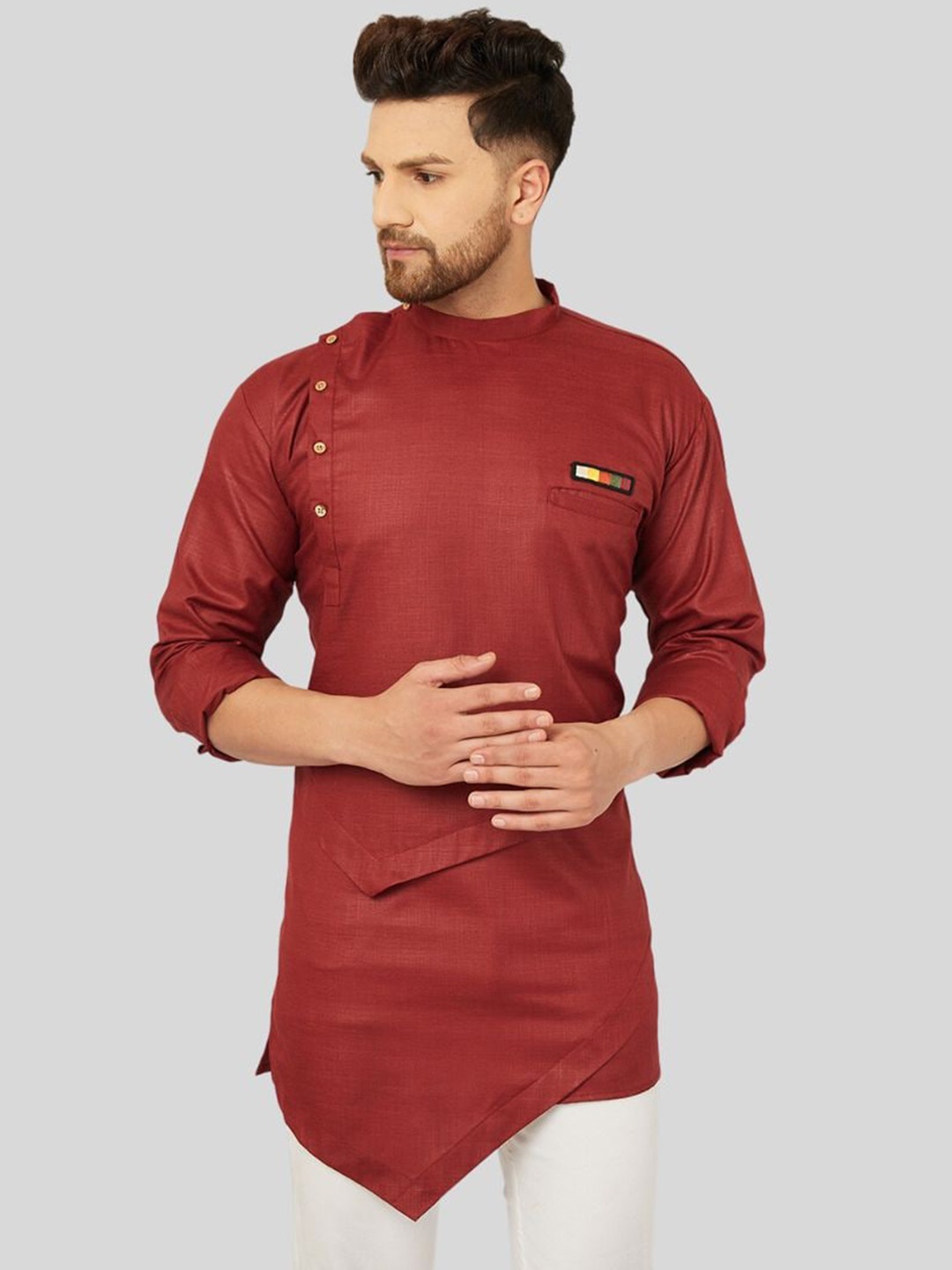 

Ben Martin Band Collar Cotton Linen Angrakha Kurta, Maroon