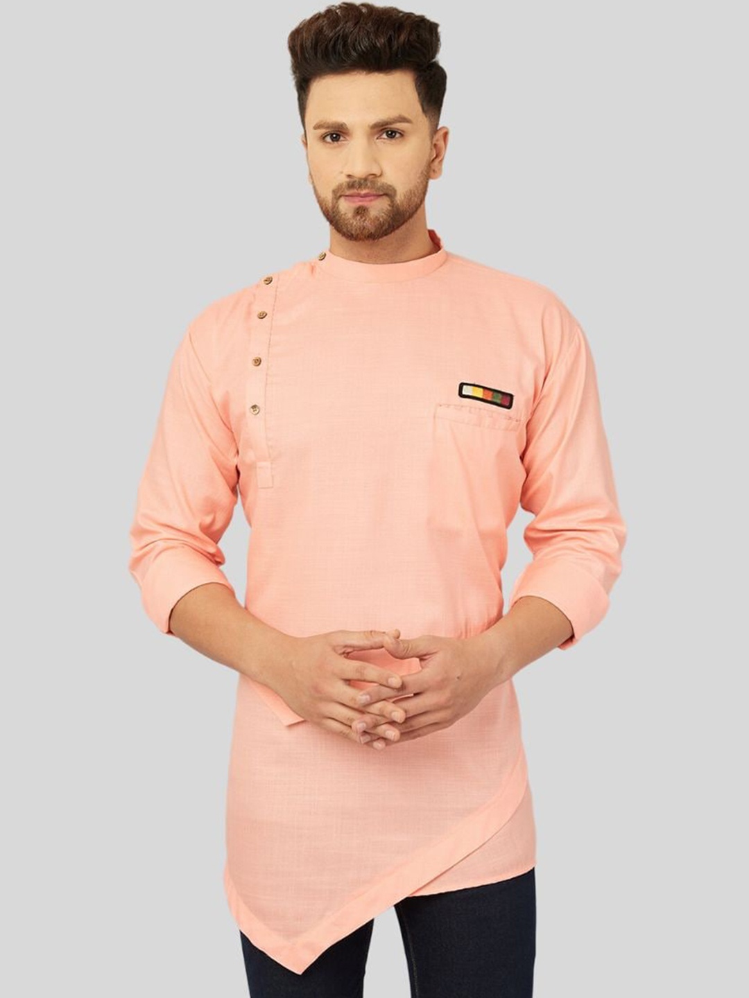 

Ben Martin Band Collar Cotton Linen Angrakha Kurta, Peach
