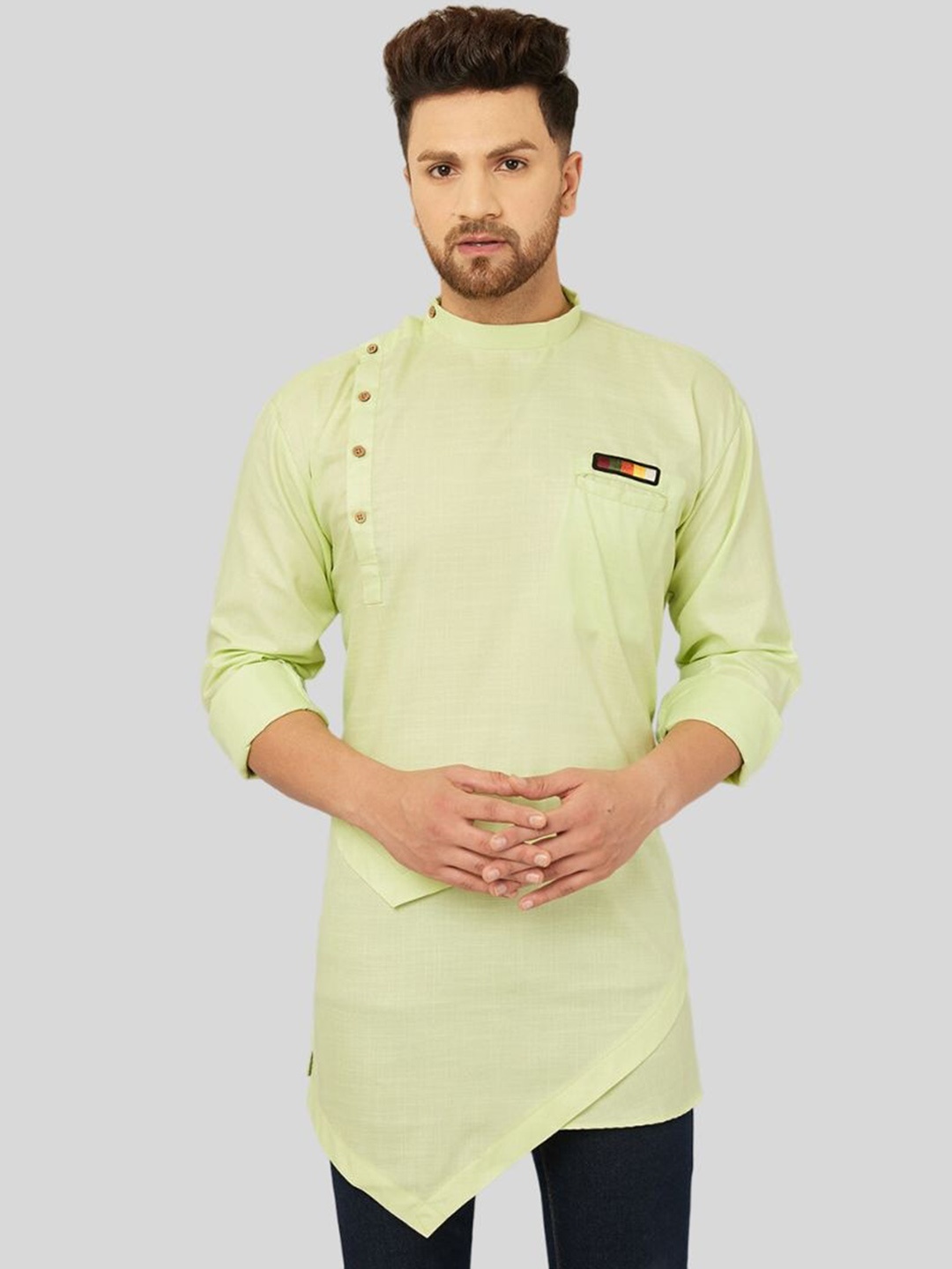 

Ben Martin Band Collar Cotton Linen Angrakha Kurta, Sea green