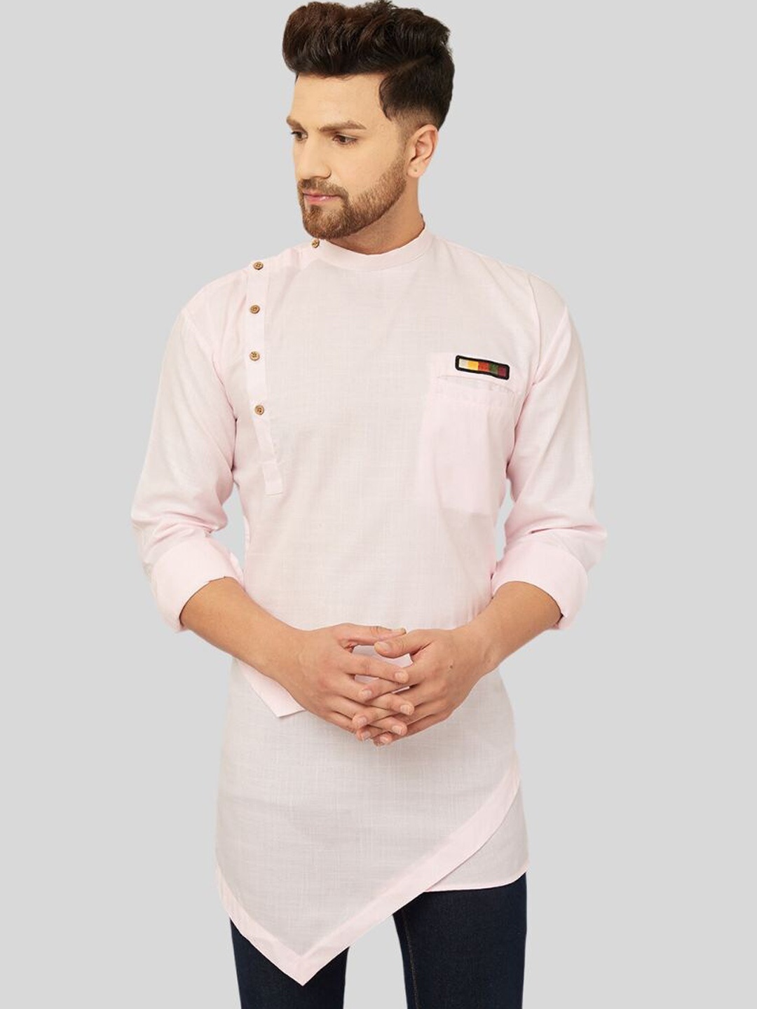 

Ben Martin Band Collar Cotton Linen Angrakha Kurta, Pink