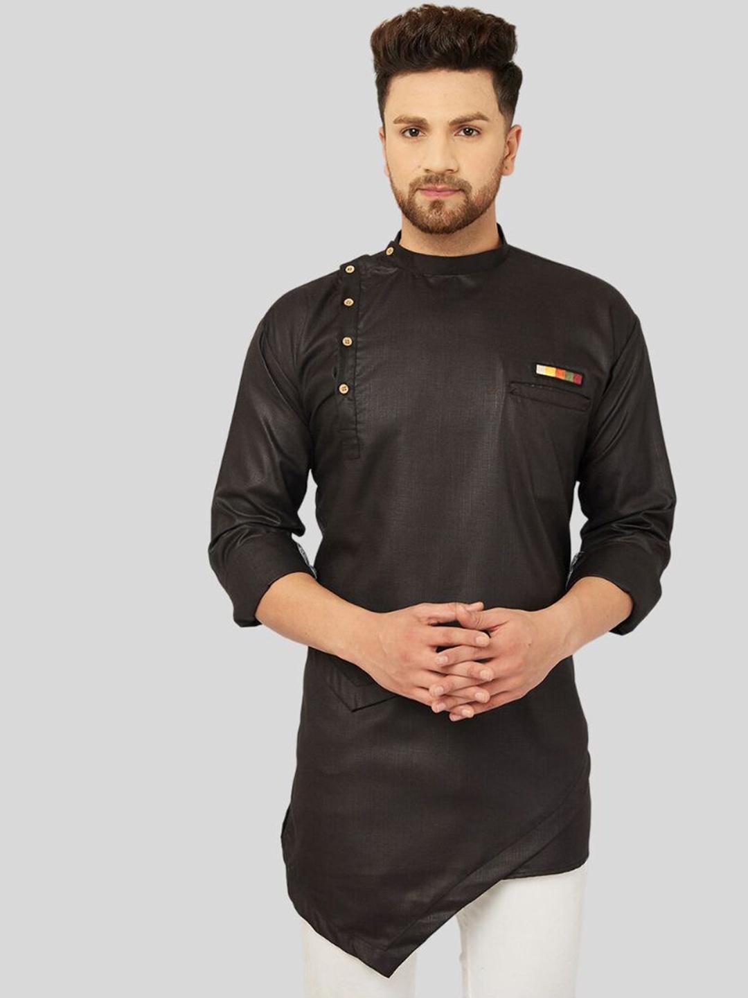 

Ben Martin Band Collar Cotton Linen Angrakha Kurta, Black