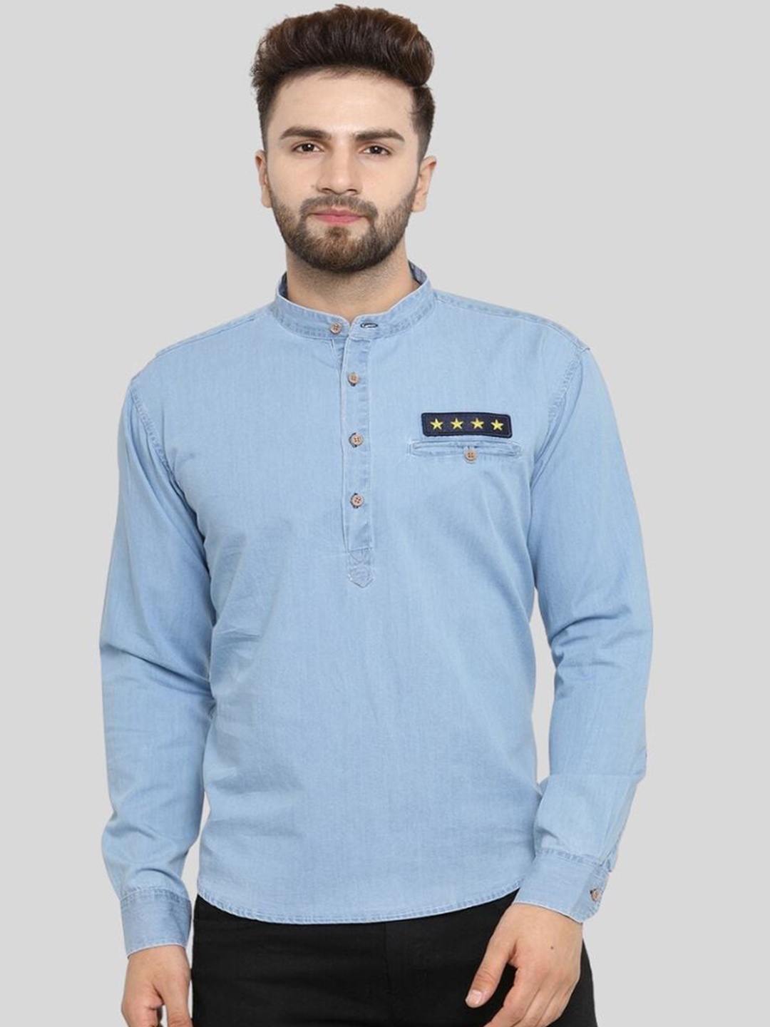 

Ben Martin Band Collar Regular Denim Kurta, Blue