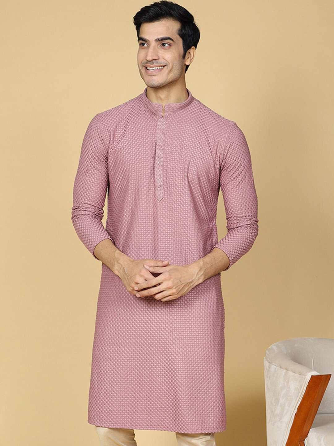 

TABARD Geometric Chikankari Embroidered Mandarin Collar Pure Cotton Straight Kurta, Purple