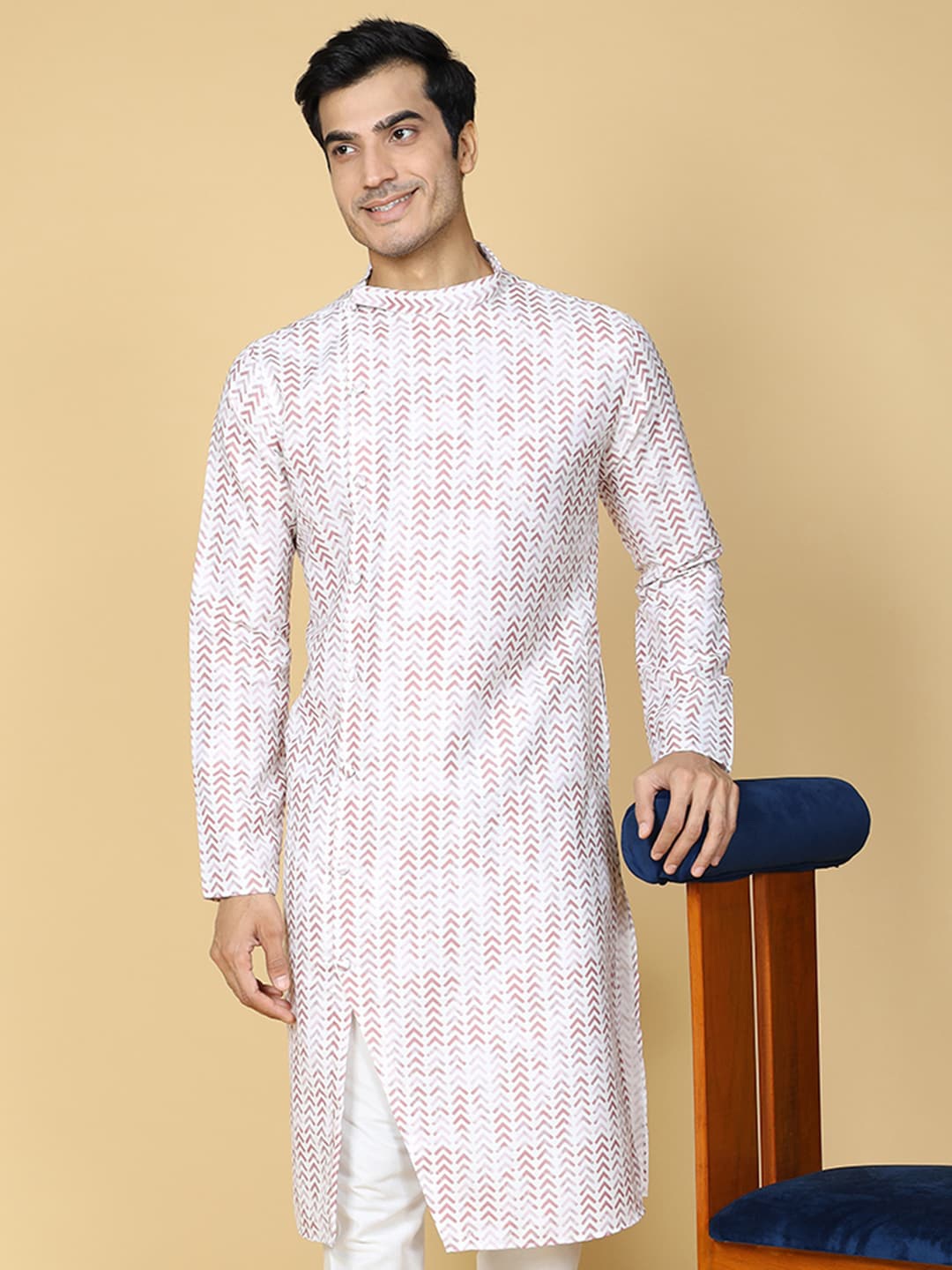 

TABARD Geometric Printed Mandarin Collar Pure Cotton Straight Kurta, White