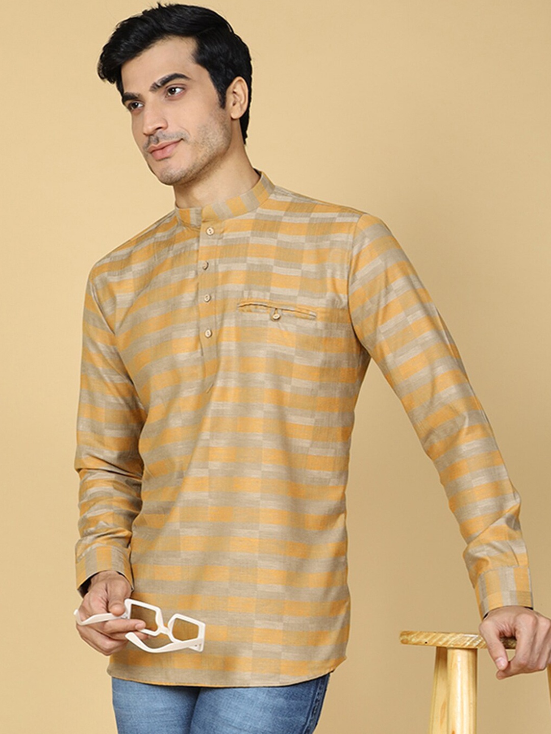 

TABARD Striped Mandarin Collar Pure Cotton Short Kurta, Yellow