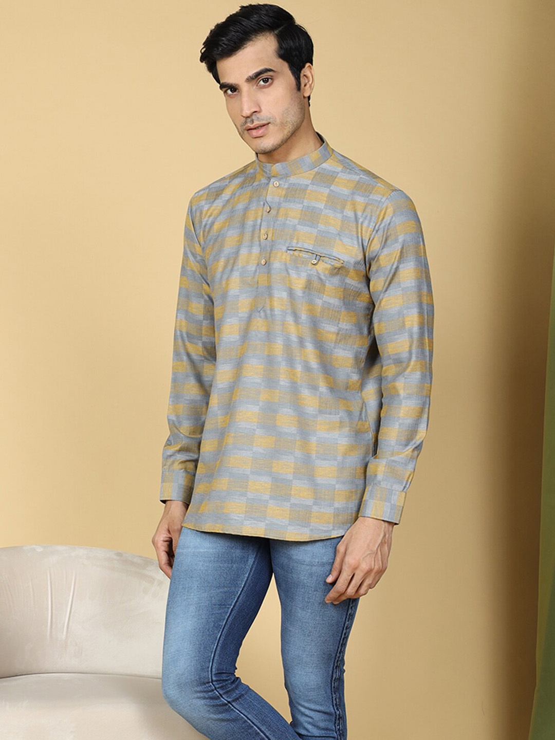 

TABARD Striped Mandarin Collar Pure Cotton Short Kurta, Blue