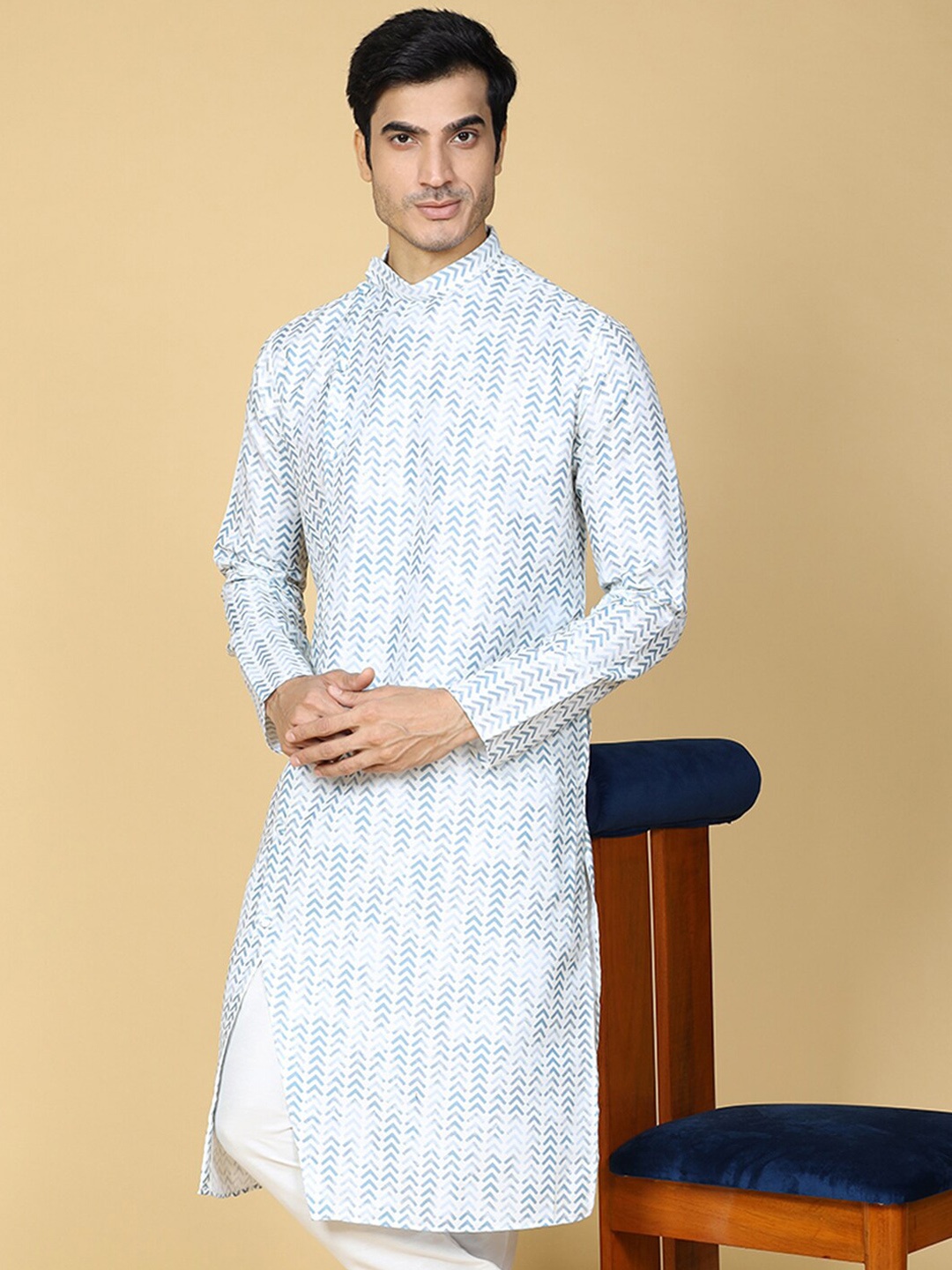 

TABARD Geometric Printed Mandarin Collar Pure Cotton Straight Kurta, White