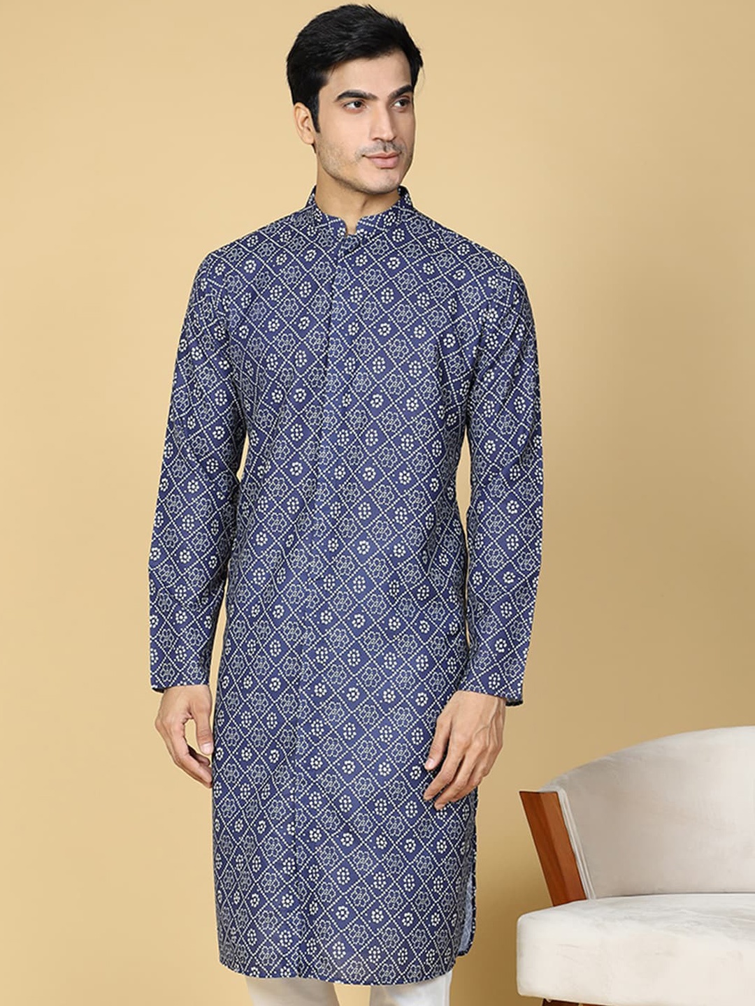 

TABARD Bandhani Printed Mandarin Collar Pure Cotton Straight Kurta, Blue