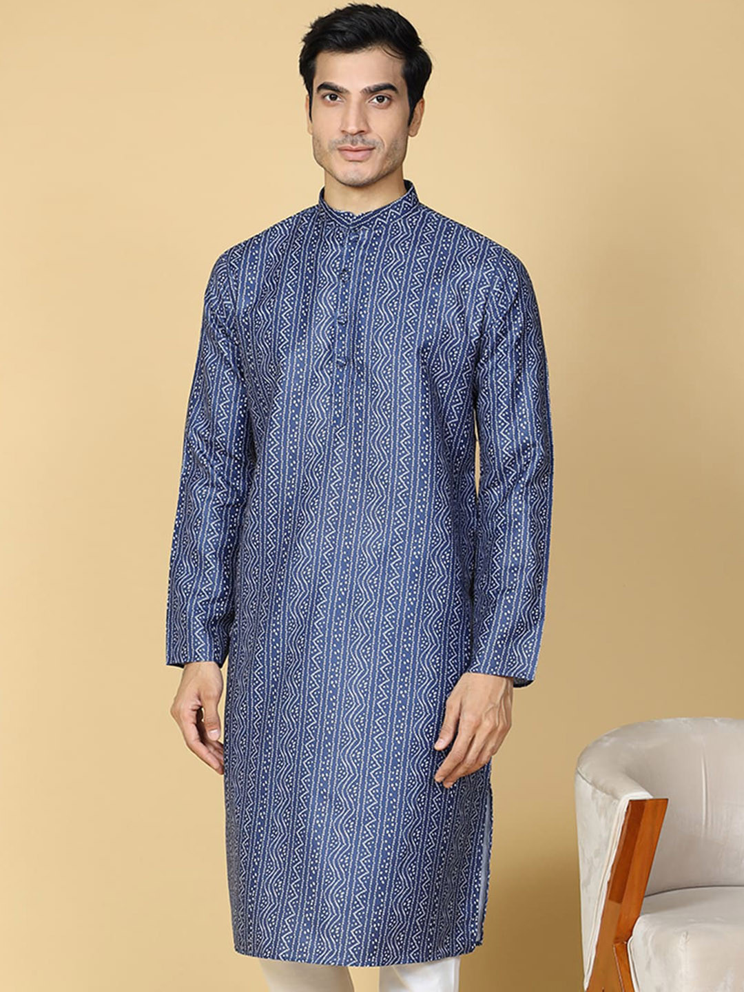 

TABARD Bandhani Printed Mandarin Collar Pure Cotton Straight Kurta, Blue