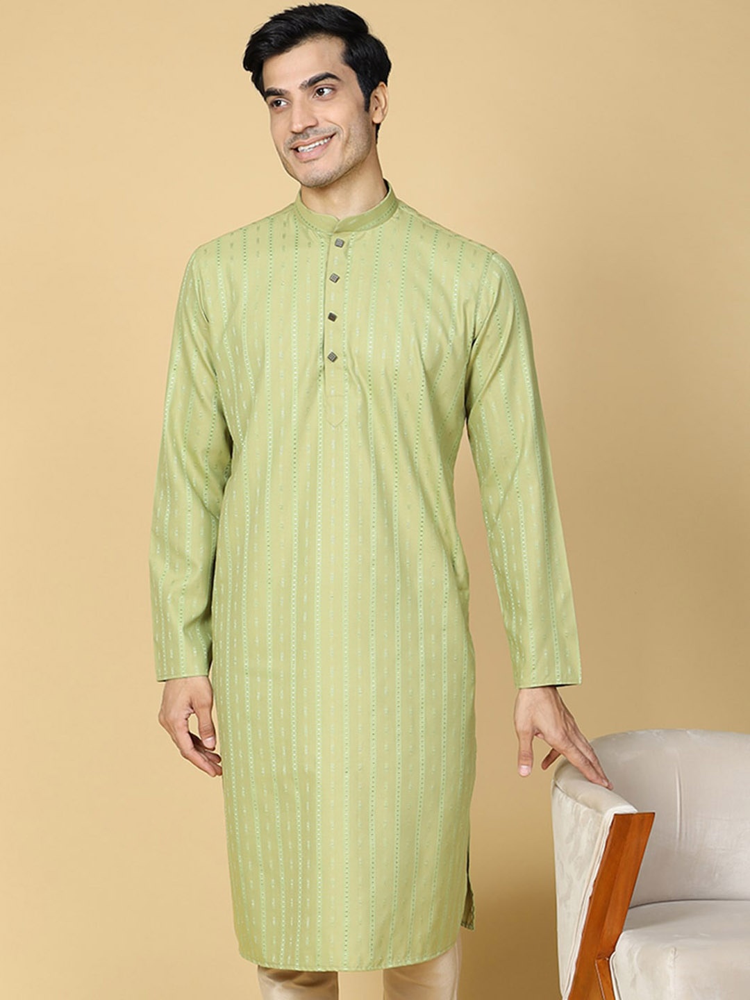 

TABARD Striped Mandarin Collar Cotton Kurta, Green
