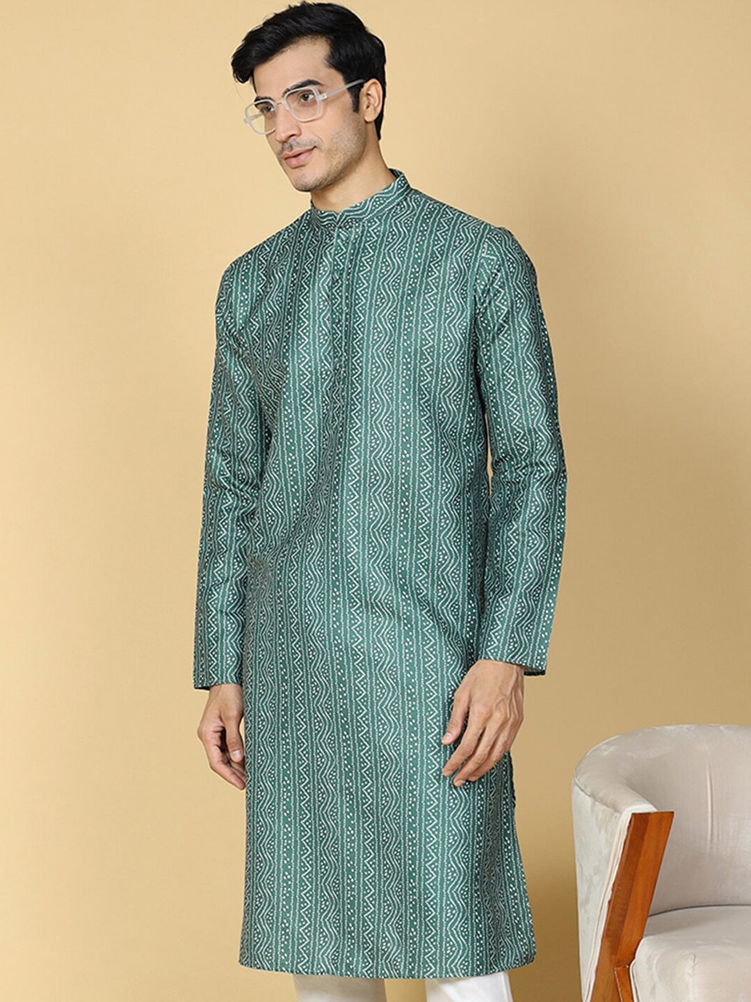 

TABARD Ethnic Motifs Printed Mandarin Collar Cotton Kurta, Green