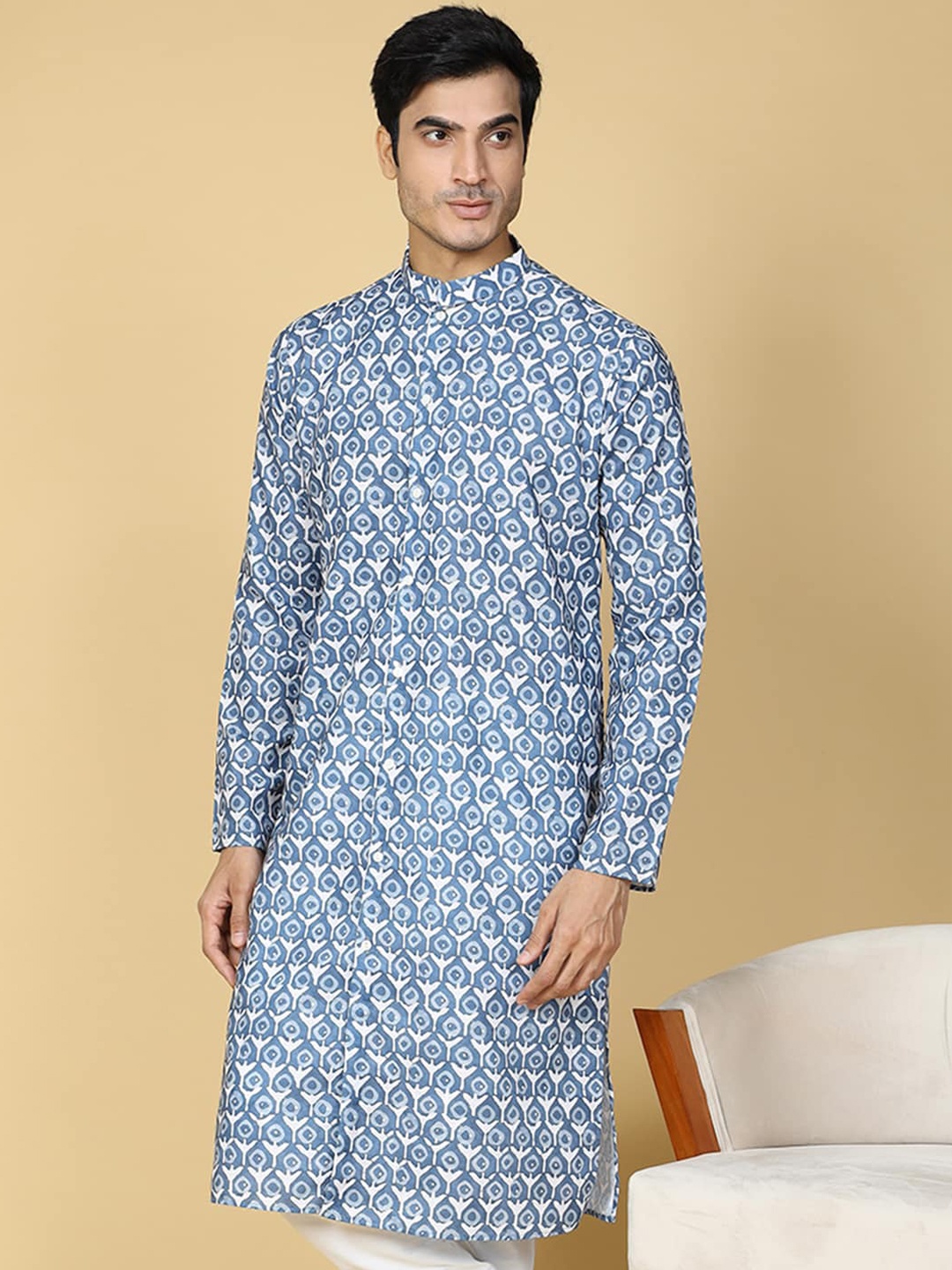 

TABARD Ethnic Motifs Printed Mandarin Collar Cotton Kurta, Blue