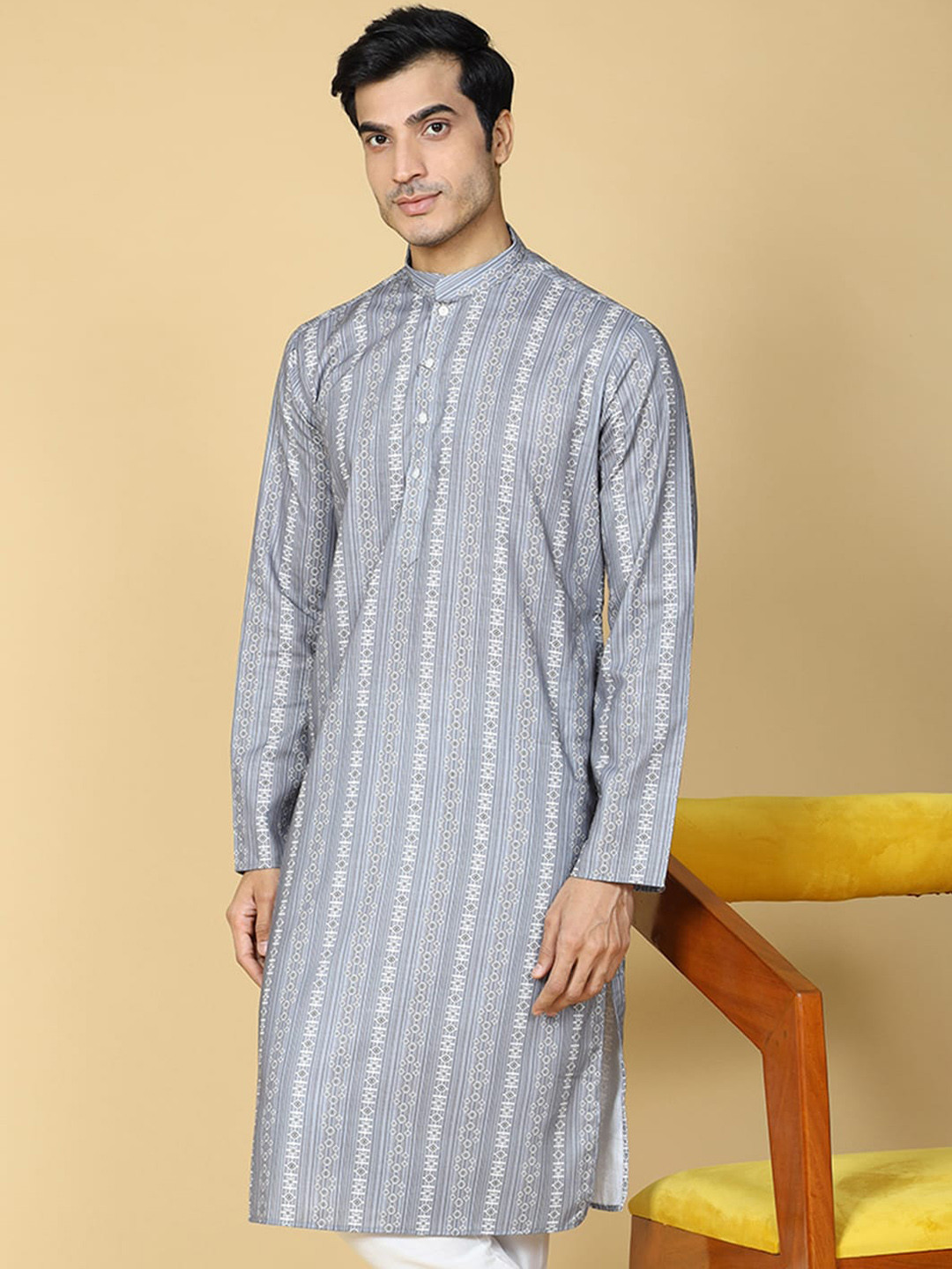 

TABARD Ethnic Motifs Mandarin Collar Cotton Kurta, Grey