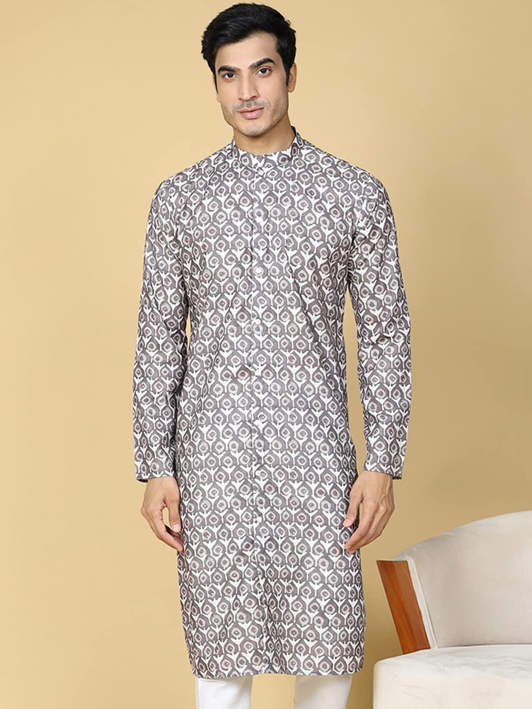 

TABARD Ethnic Motifs Printed Mandarin Collar Cotton Kurta, Brown