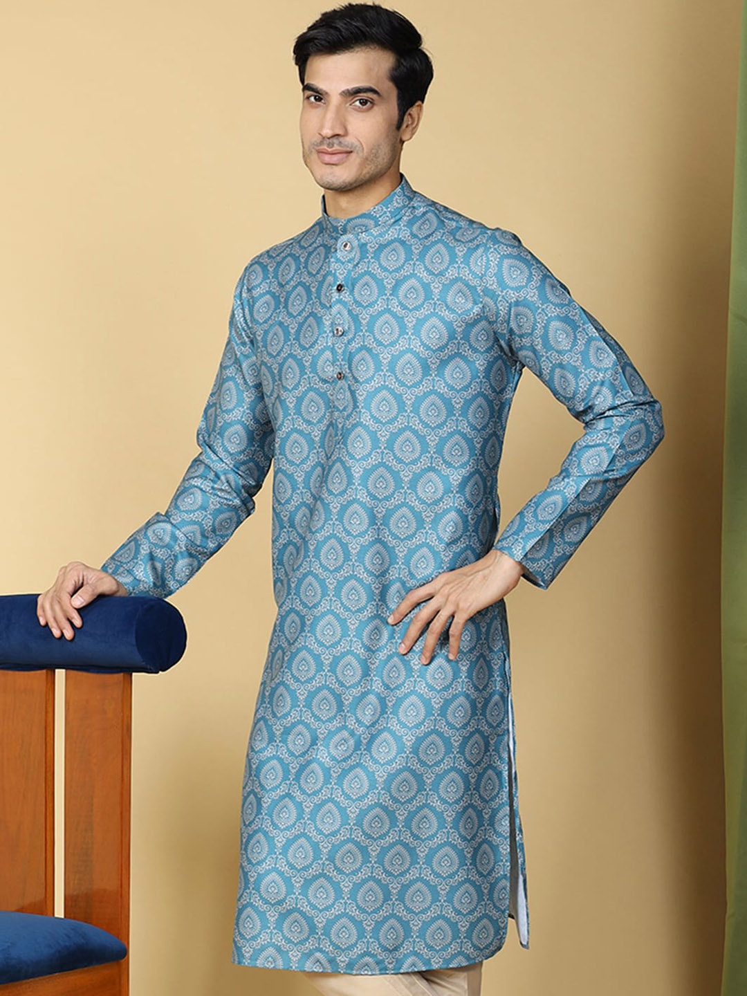 

TABARD Ethnic Motifs Printed Mandarin Collar Cotton Kurta, Blue