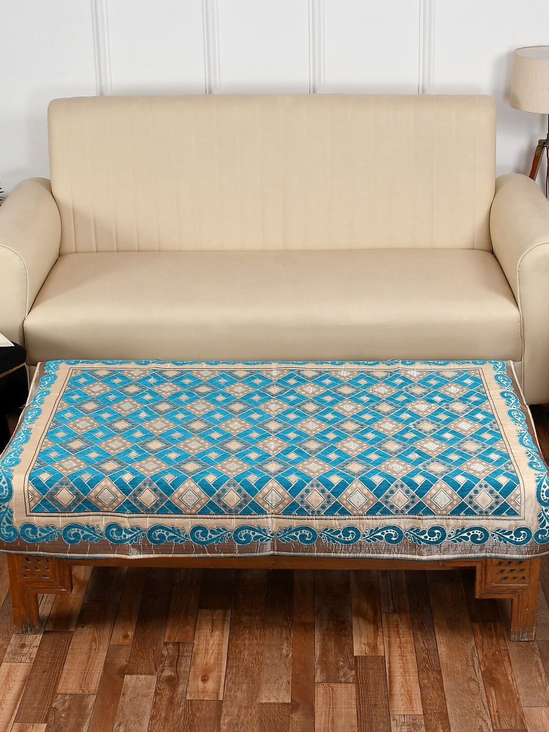 

MULTITEX Blue & Beige Embroidered 4-Seater Center Table Cover