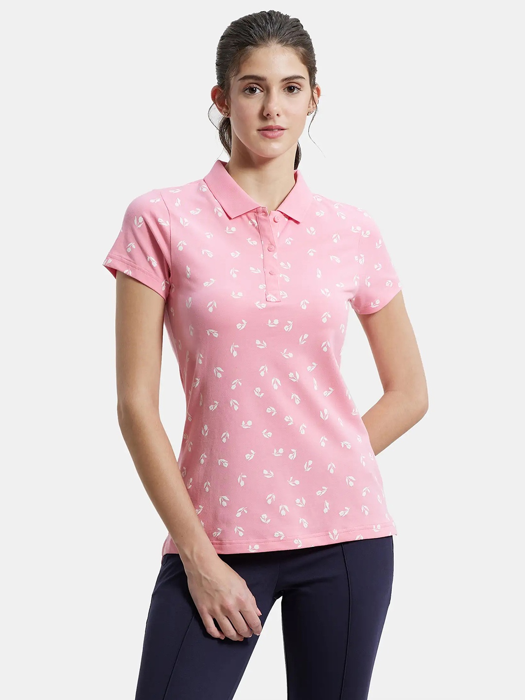 

Jockey Floral Printed Polo Collar Cotton T-shirt, Pink