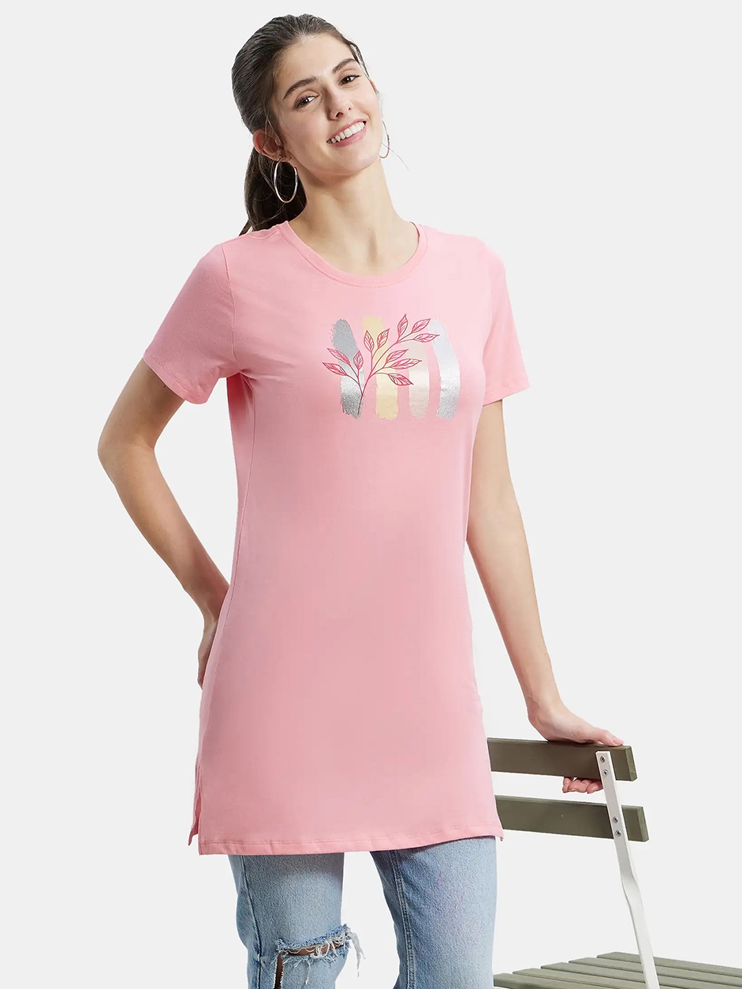 

Jockey Super Combed Cotton Graphic Printed Relaxed Fit Long T-shirt-UL48, Pink