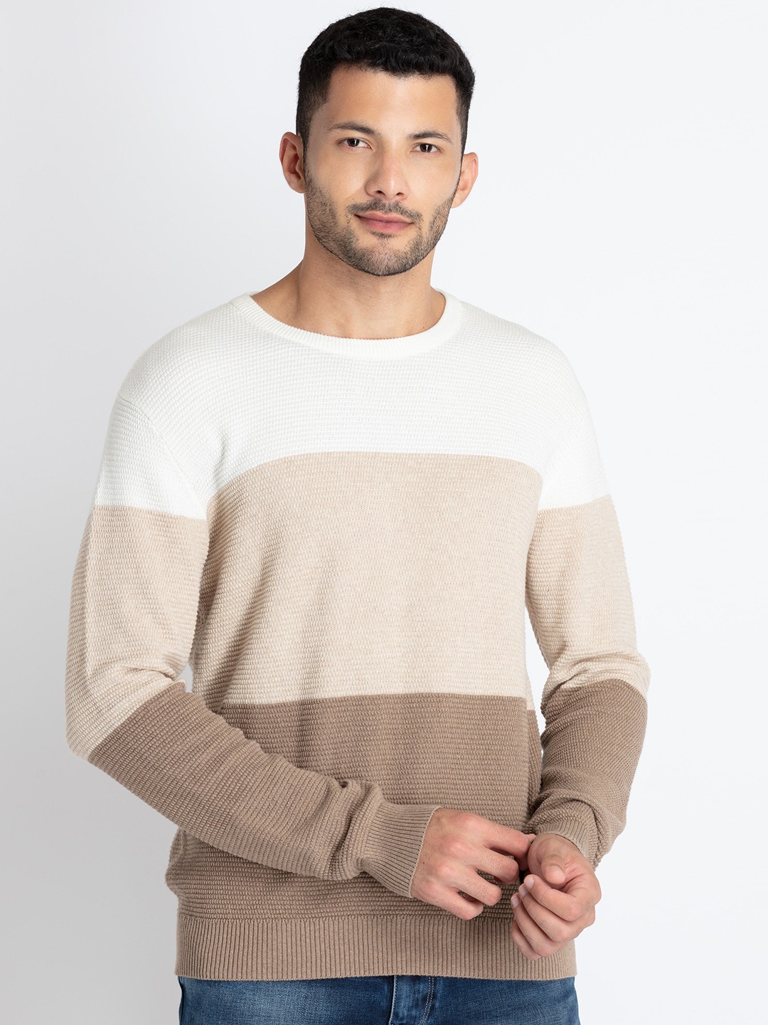 

Status Quo Colourblocked Round Neck Cotton Pullover Sweatshirts, Beige