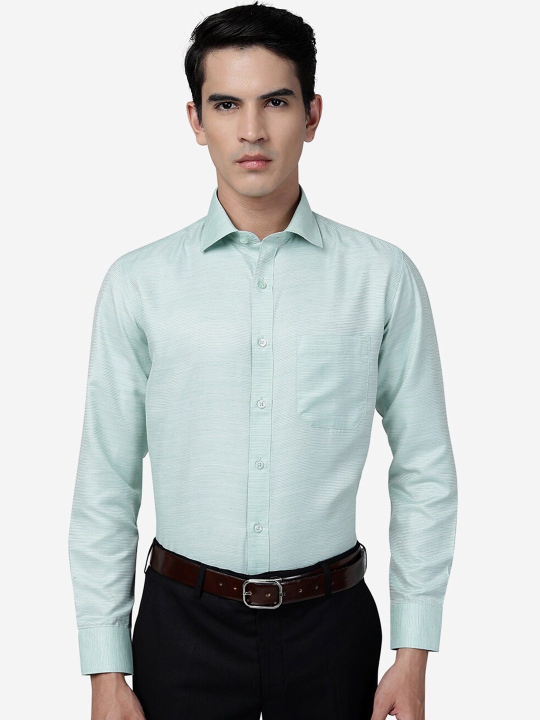 

Greenfibre Slim Fit Vertical Striped Spread Collar Cotton Formal Shirt, Green