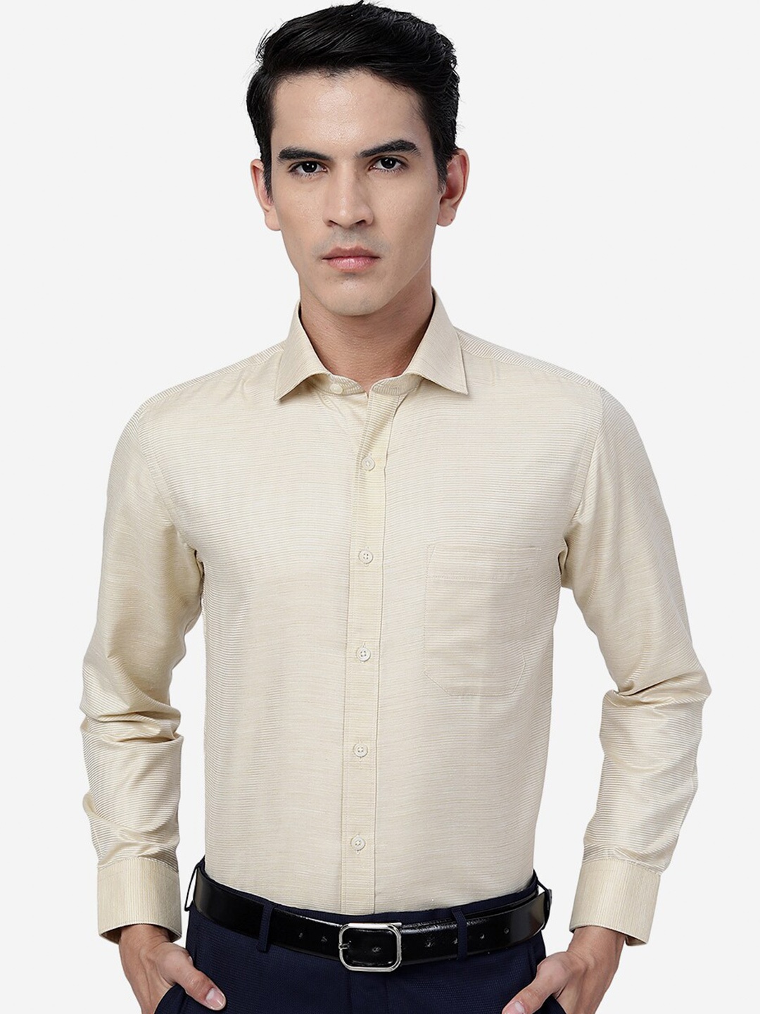 

Greenfibre Slim Fit Vertical Striped Spread Collar Cotton Formal Shirt, Yellow