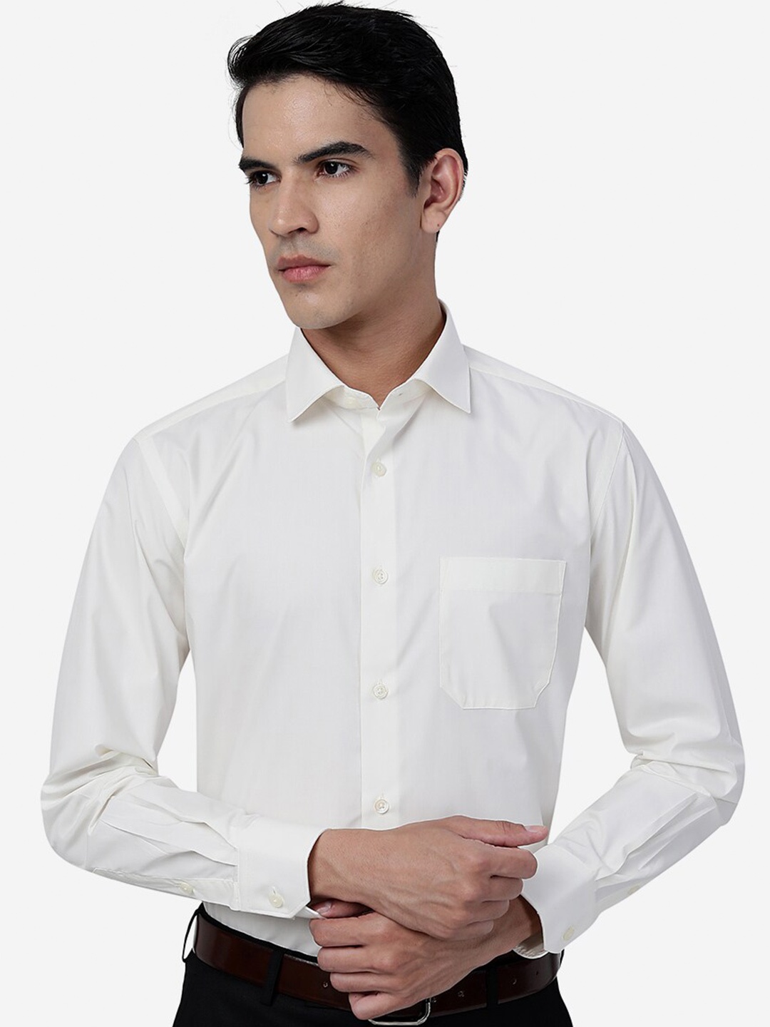 

Greenfibre Slim Fit Spread Collar Cotton Formal Shirt, Cream