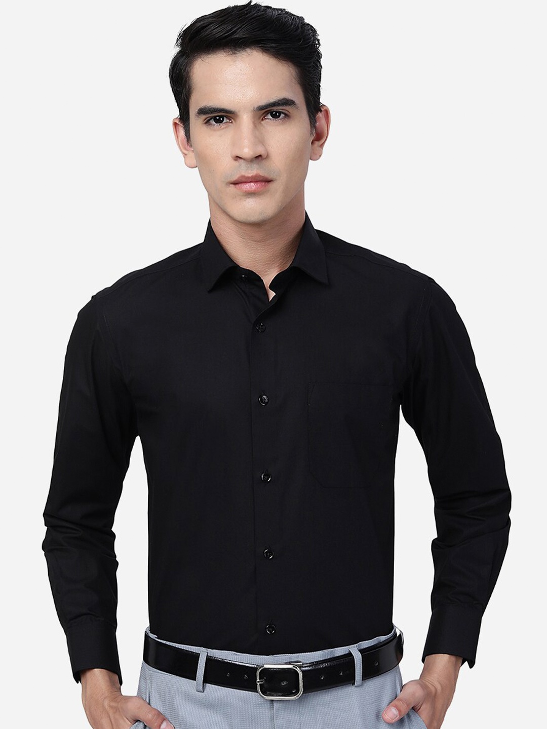 

Greenfibre Slim Fit Spread Collar Cotton Formal Shirt, Black