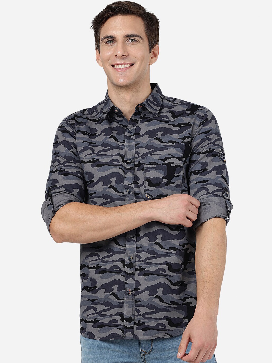 

JADE BLUE Camouflage Printed Roll Up Sleeves Cotton Slim Fit Casual Shirt, Grey