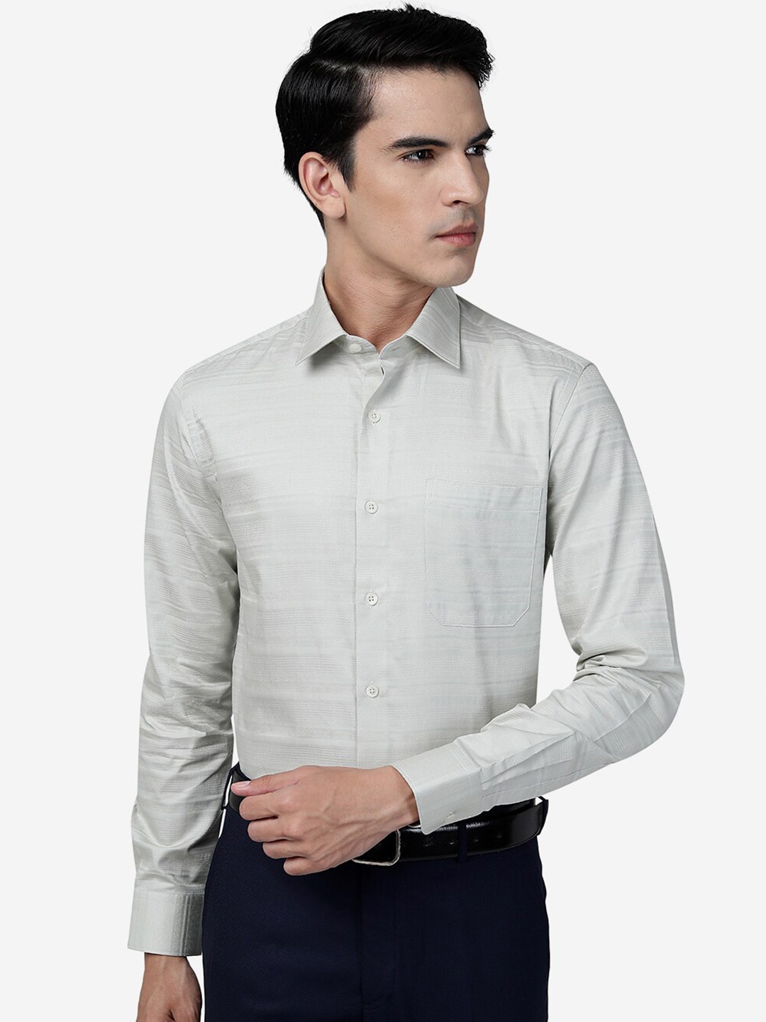 

JADE BLUE Slim Fit Horizontal Stripes Self Design Cotton Formal Shirt, Grey