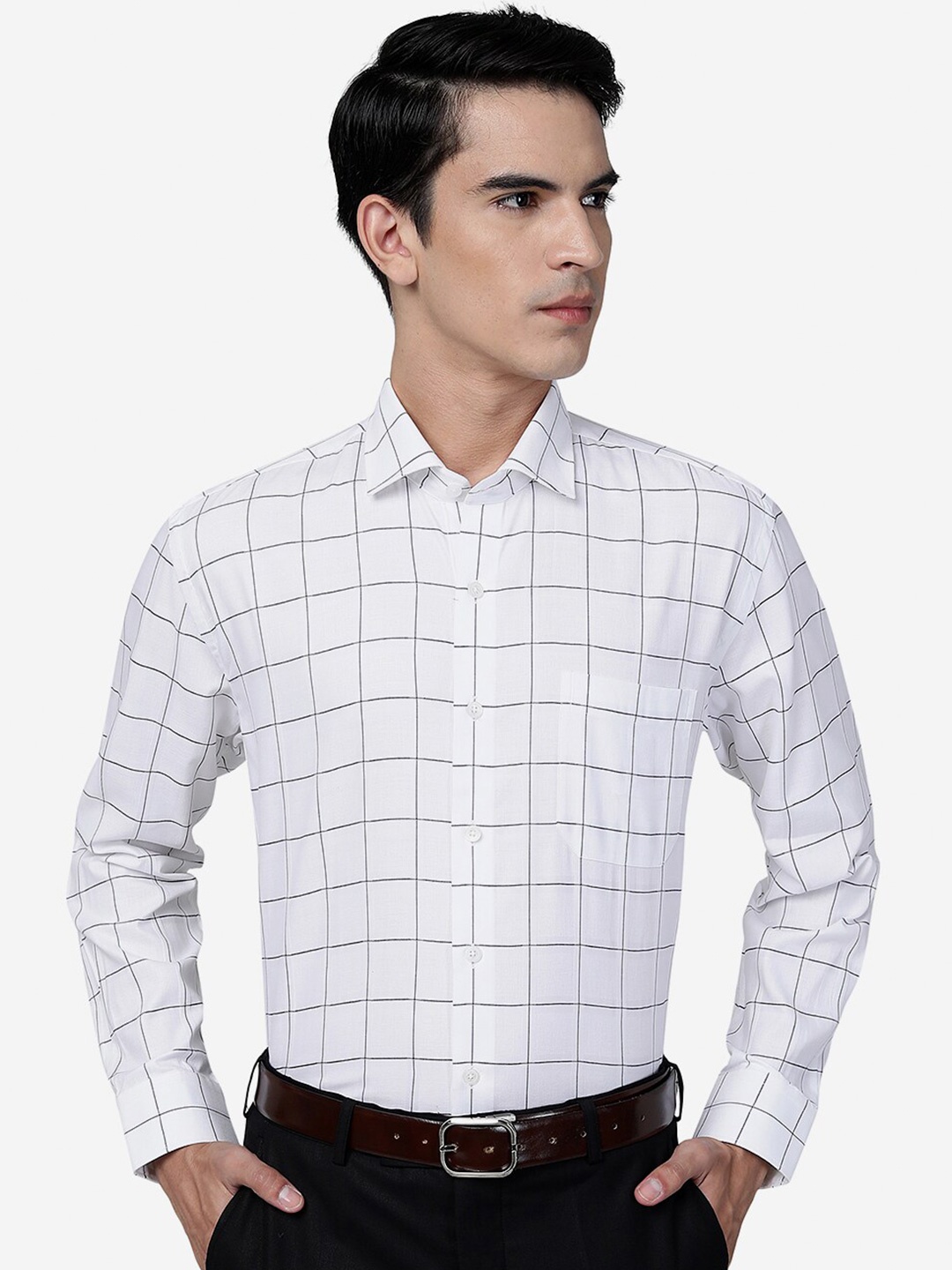 

JADE BLUE Windowpane Checks Cotton Formal Shirt, White