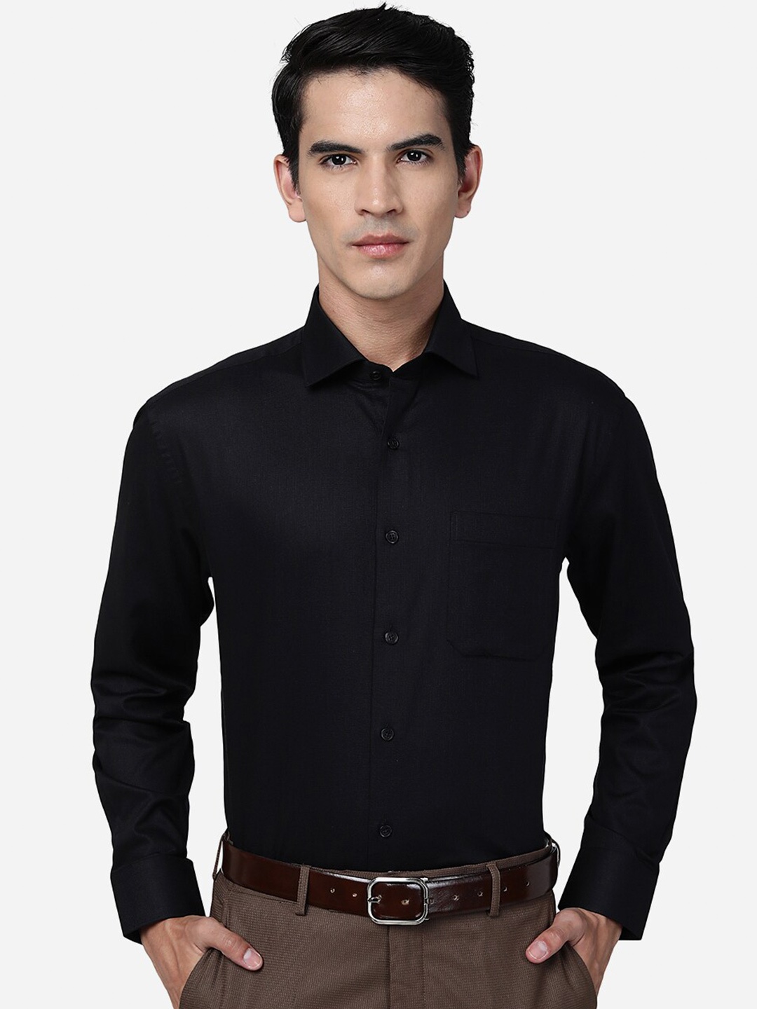 

JADE BLUE Spread Collar Opaque Cotton Formal Shirt, Black