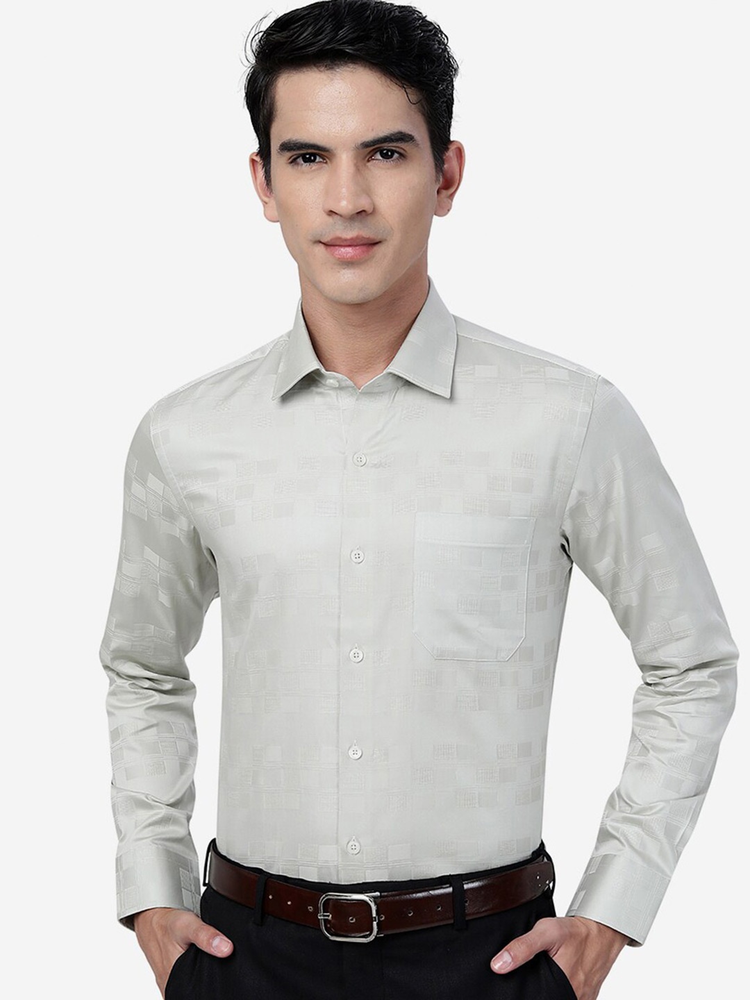 

JADE BLUE Geometric Printed Cotton Slim Fit Formal Shirt, Green