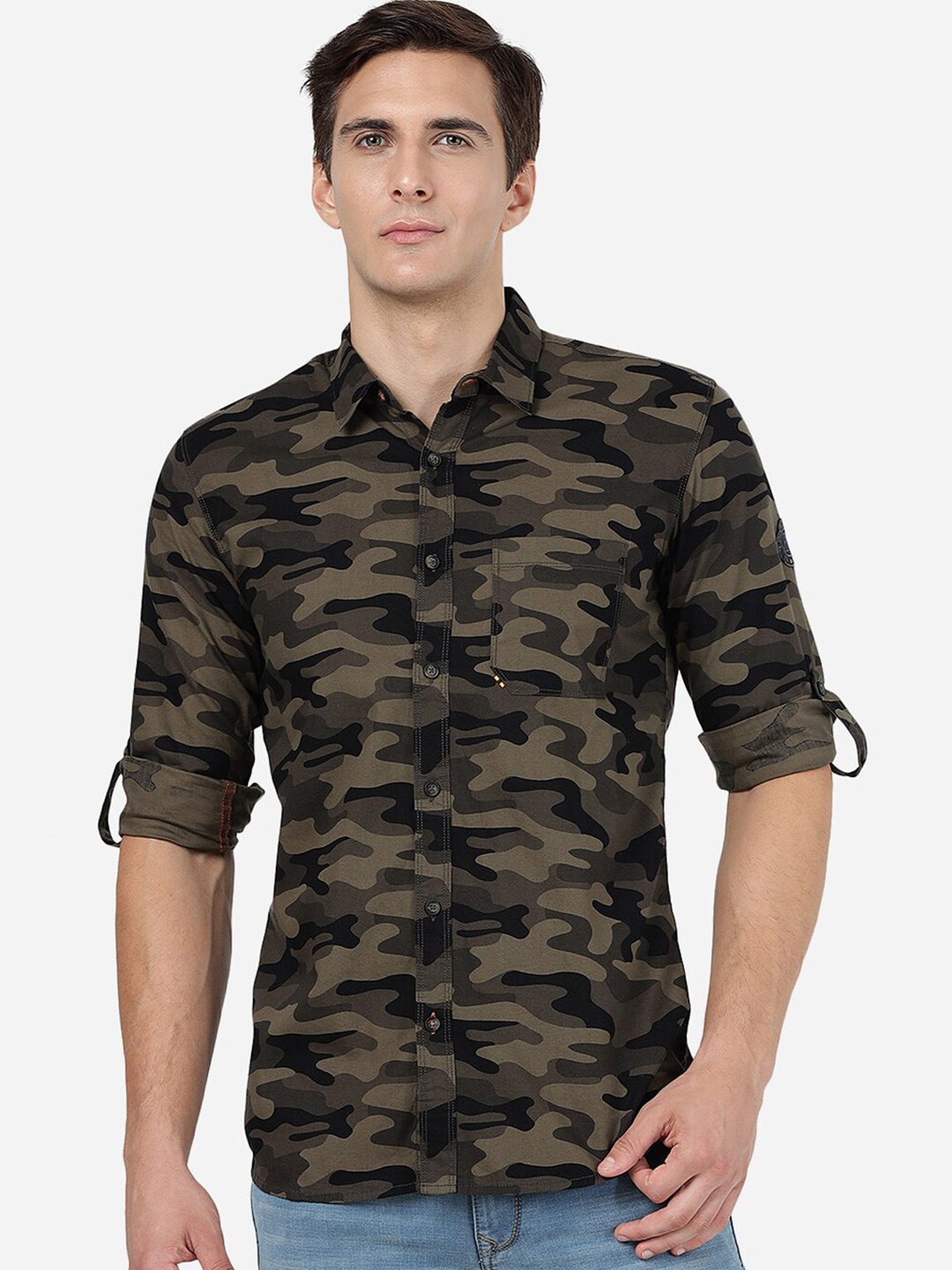 

JADE BLUE Slim Fit Camouflage Printed Roll-Up Sleeves Casual Shirt, Green