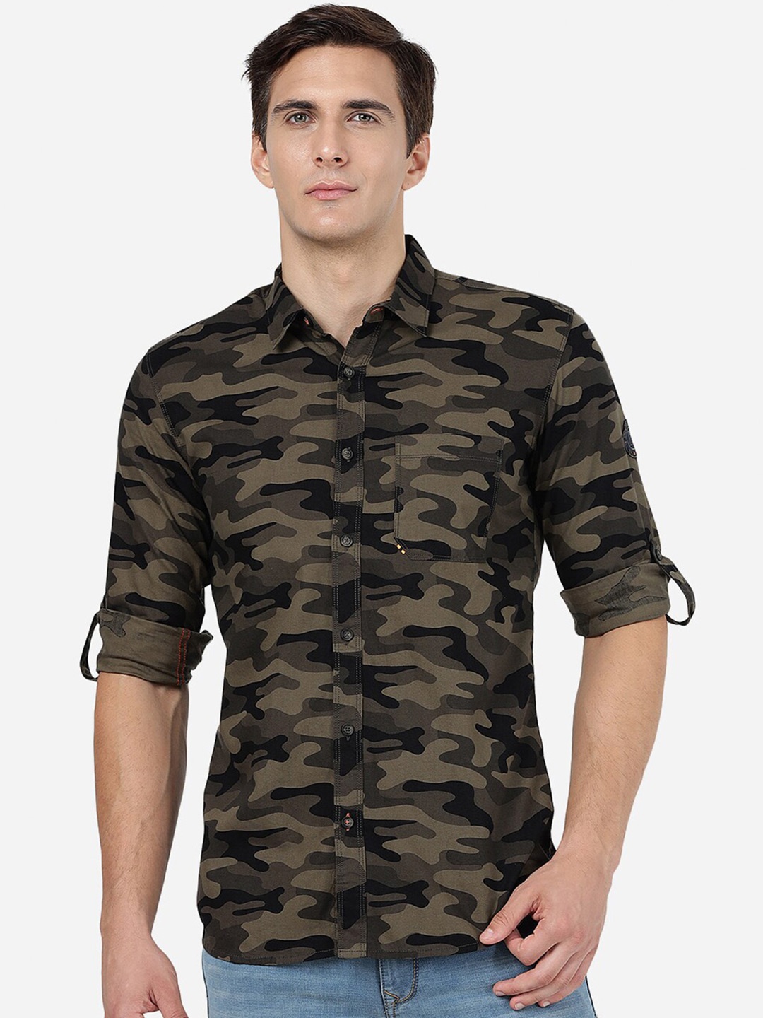 

JADE BLUE Slim Fit Camouflage Printed Roll-Up Sleeves Casual Shirt, Green