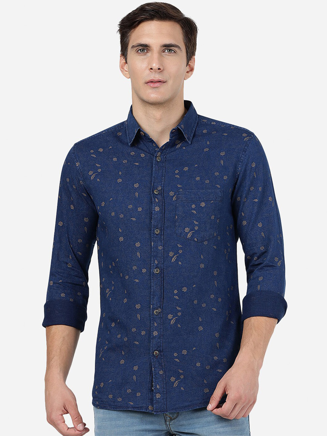 

JADE BLUE Floral Printed Cotton Slim Fit Casual Shirt, Navy blue