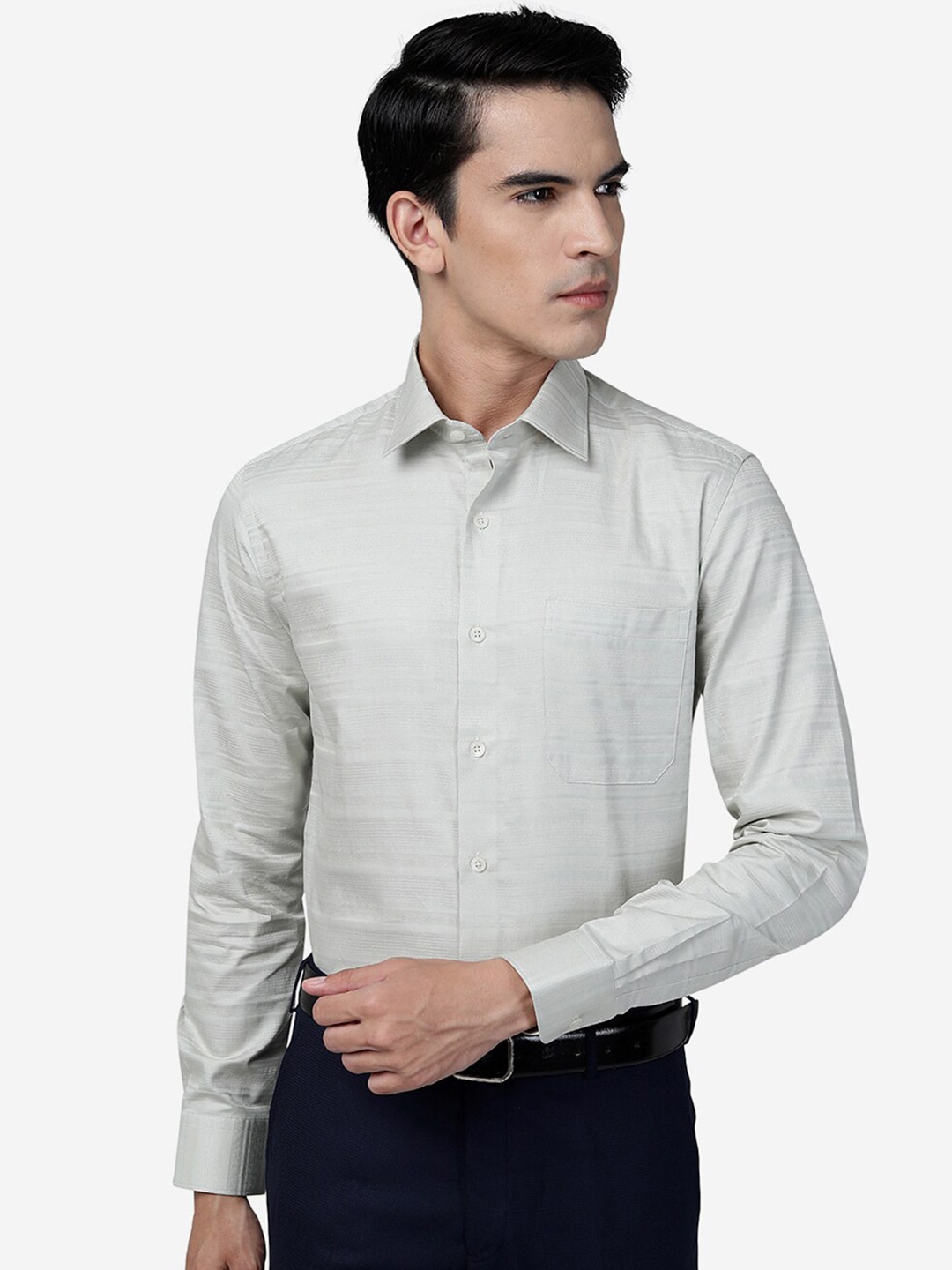 

JADE BLUE Horizontal Striped Cotton Slim Fit Formal Shirt, Grey