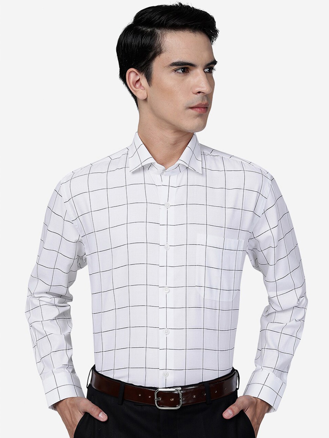 

JADE BLUE Windowpane Checks Opaque Cotton Formal Shirt, White