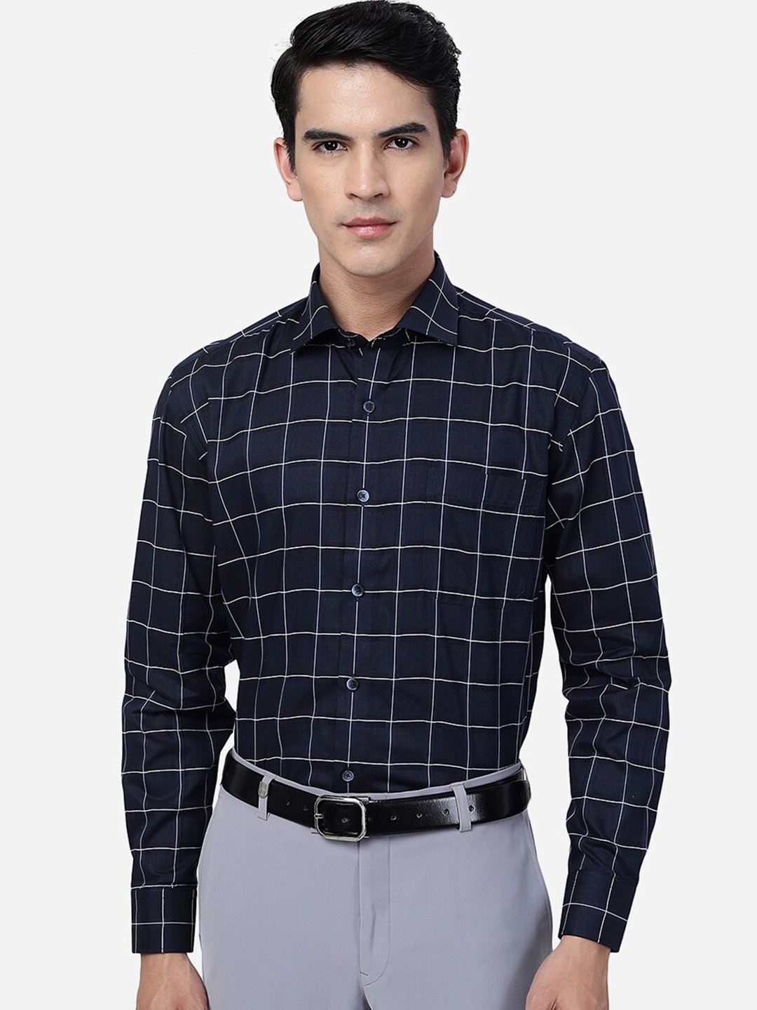 

JADE BLUE Windowpane Checked Cotton Formal Shirt, Navy blue