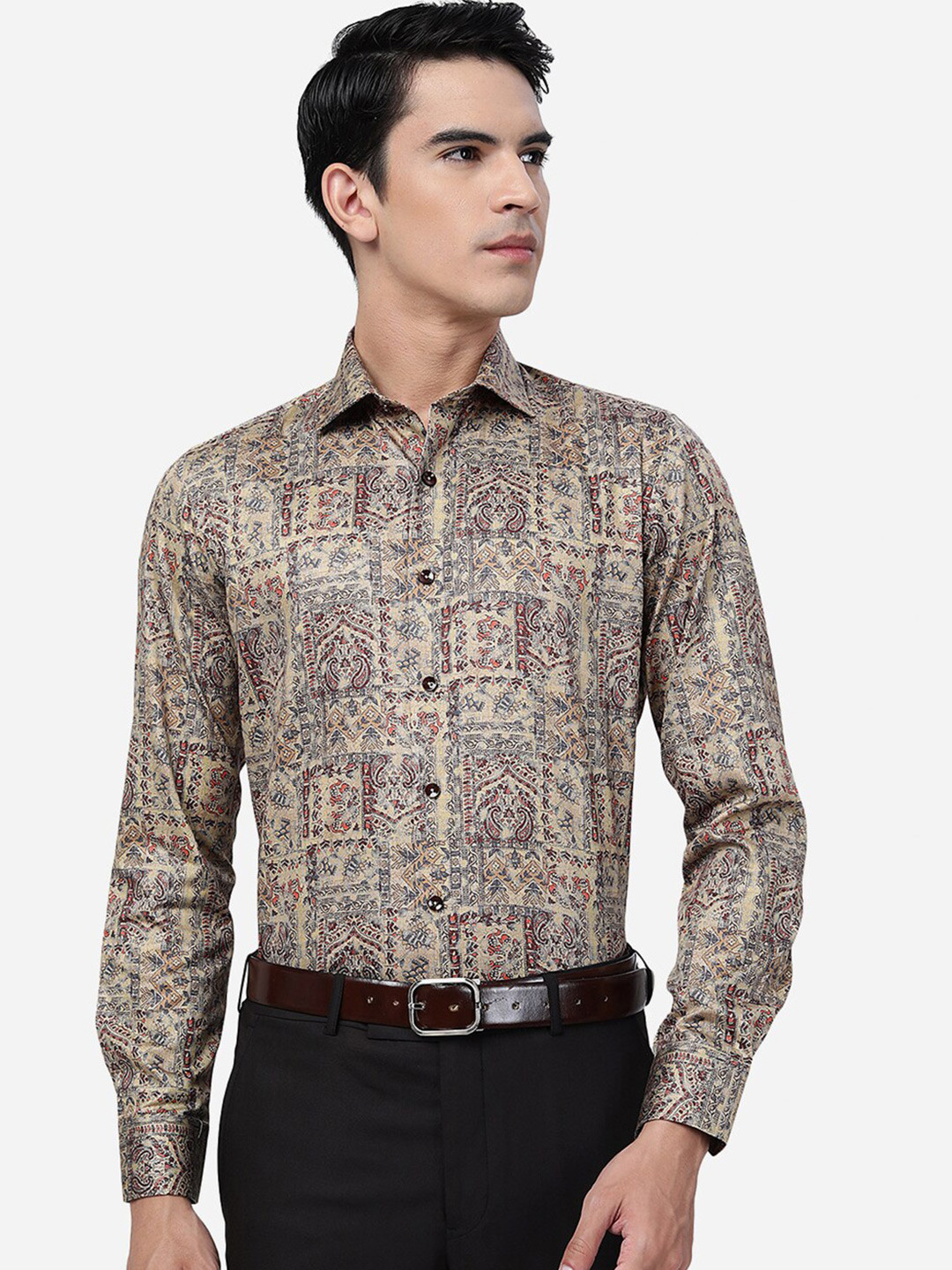 

JB STUDIO Slim Fit Ethnic Motifs Printed Cotton Formal Shirt, Beige