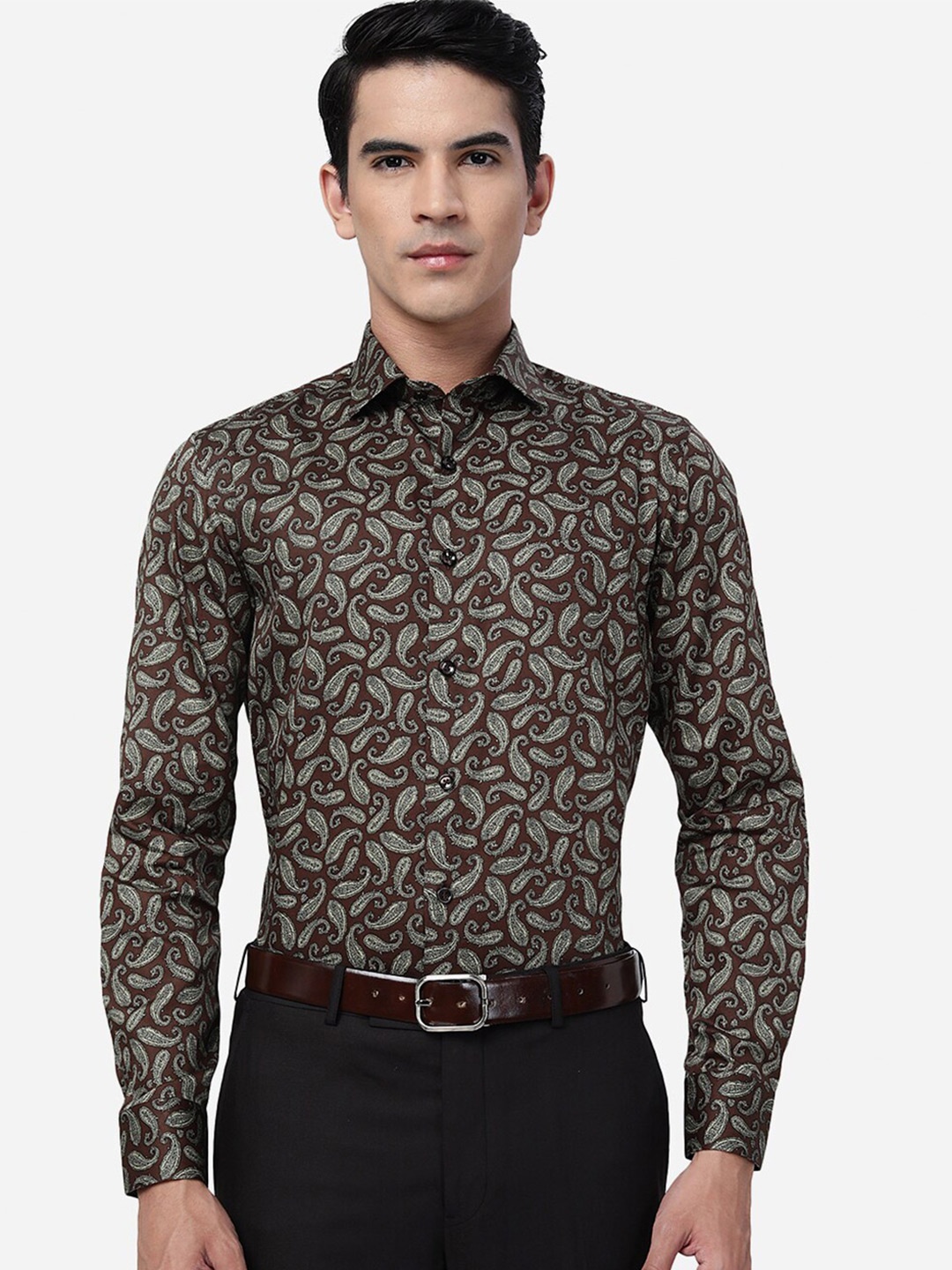 

JB STUDIO Slim Fit Ethnic Motifs Printed Cotton Formal Shirt, Brown