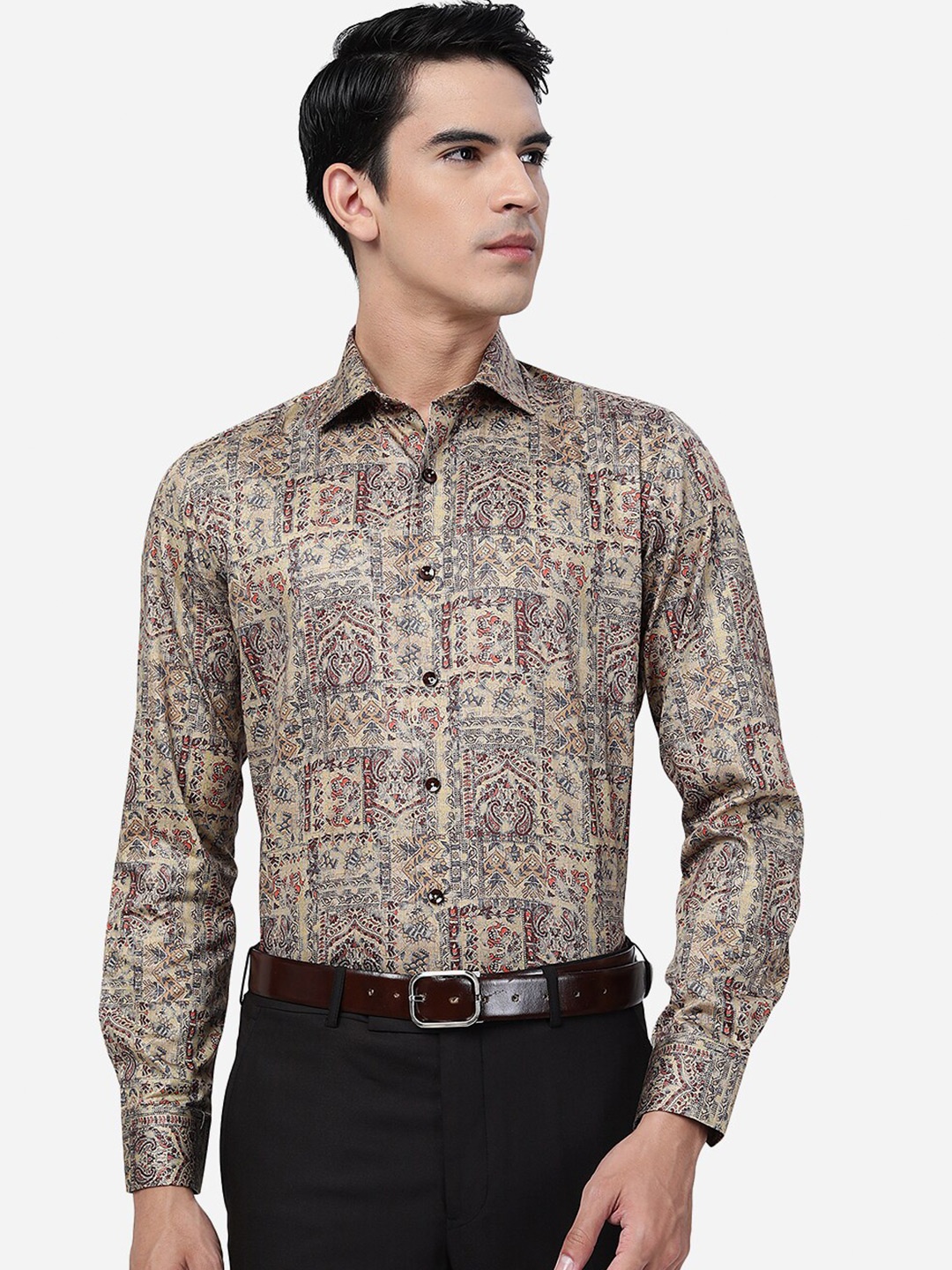 

JB STUDIO Slim Fit Ethnic Motifs Printed Cotton Formal Shirt, Beige