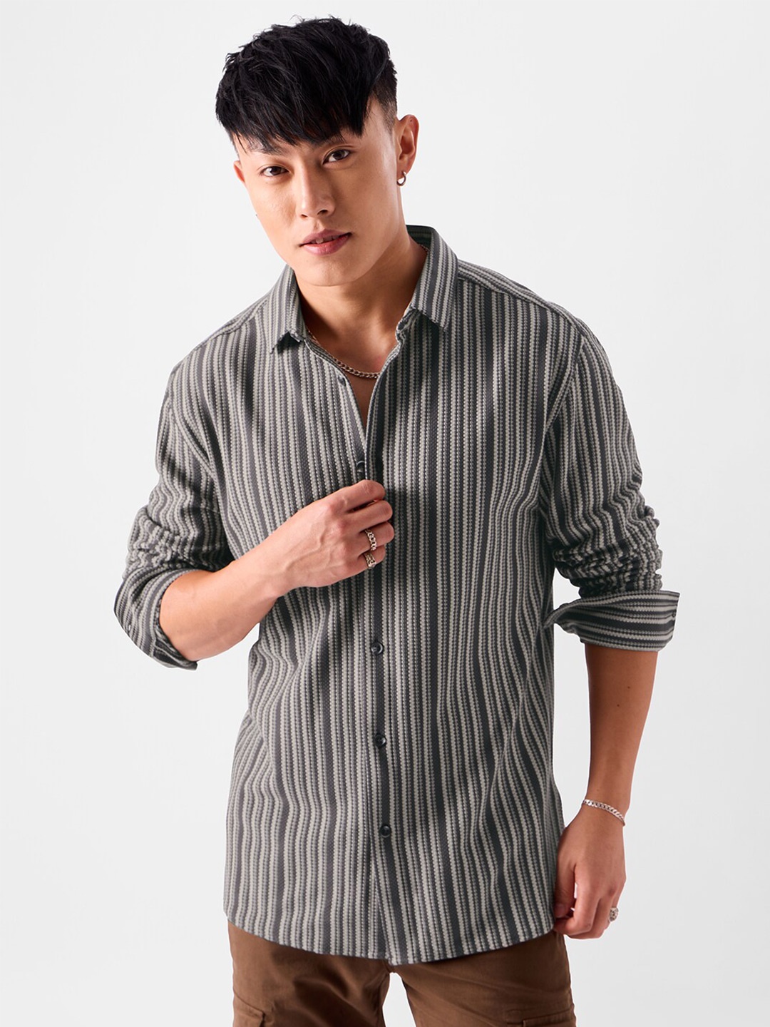 

The Souled Store Relaxed Striped Pure Cotton Casual Shirt, Grey