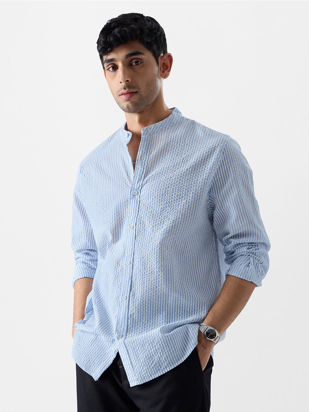 

The Souled Store Relaxed Pinstripes Striped Pure Cotton Casual Shirt, Blue