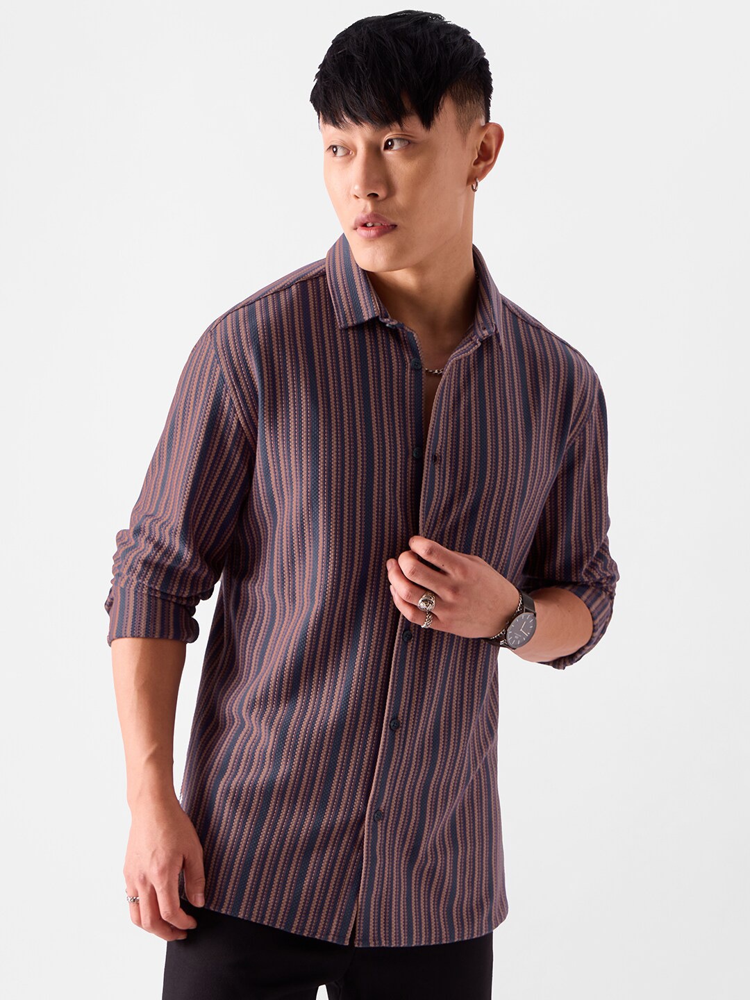 

The Souled Store Relaxed Striped Pure Cotton Casual Shirt, Navy blue