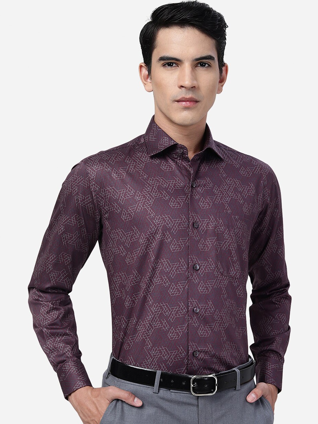 

METAL Slim Fit Geometric Printed Cotton Formal Shirt, Maroon